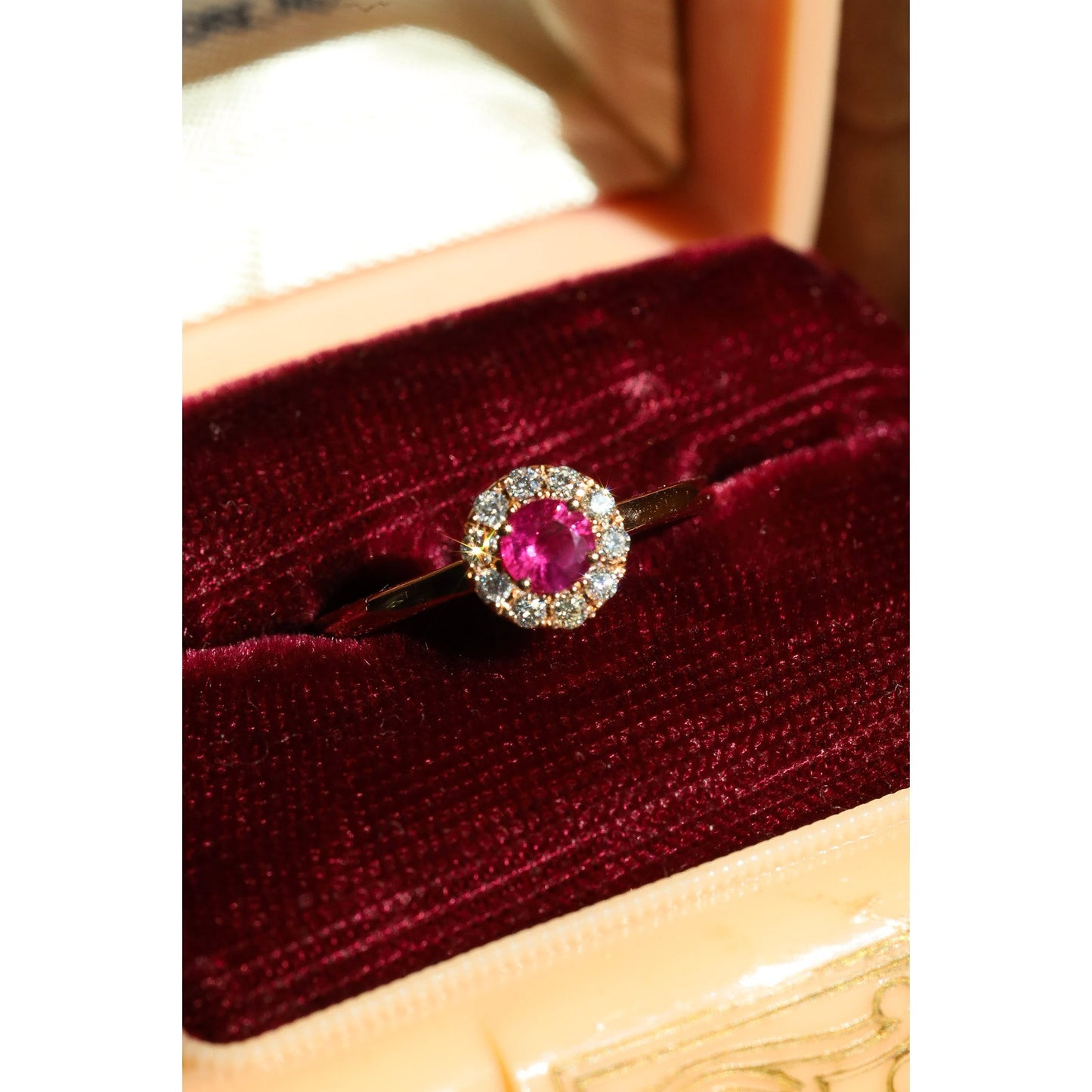 14K Rose Gold Natural Ruby and Diamond Halo Ring