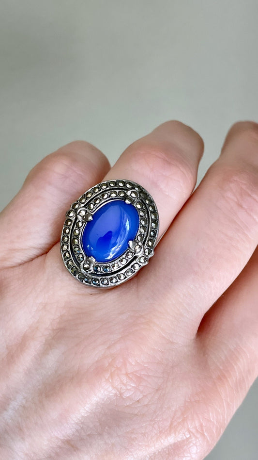 Vintage Art Deco Sterling Silver Ring Bluish Purplish Glass Stone with Marcasite