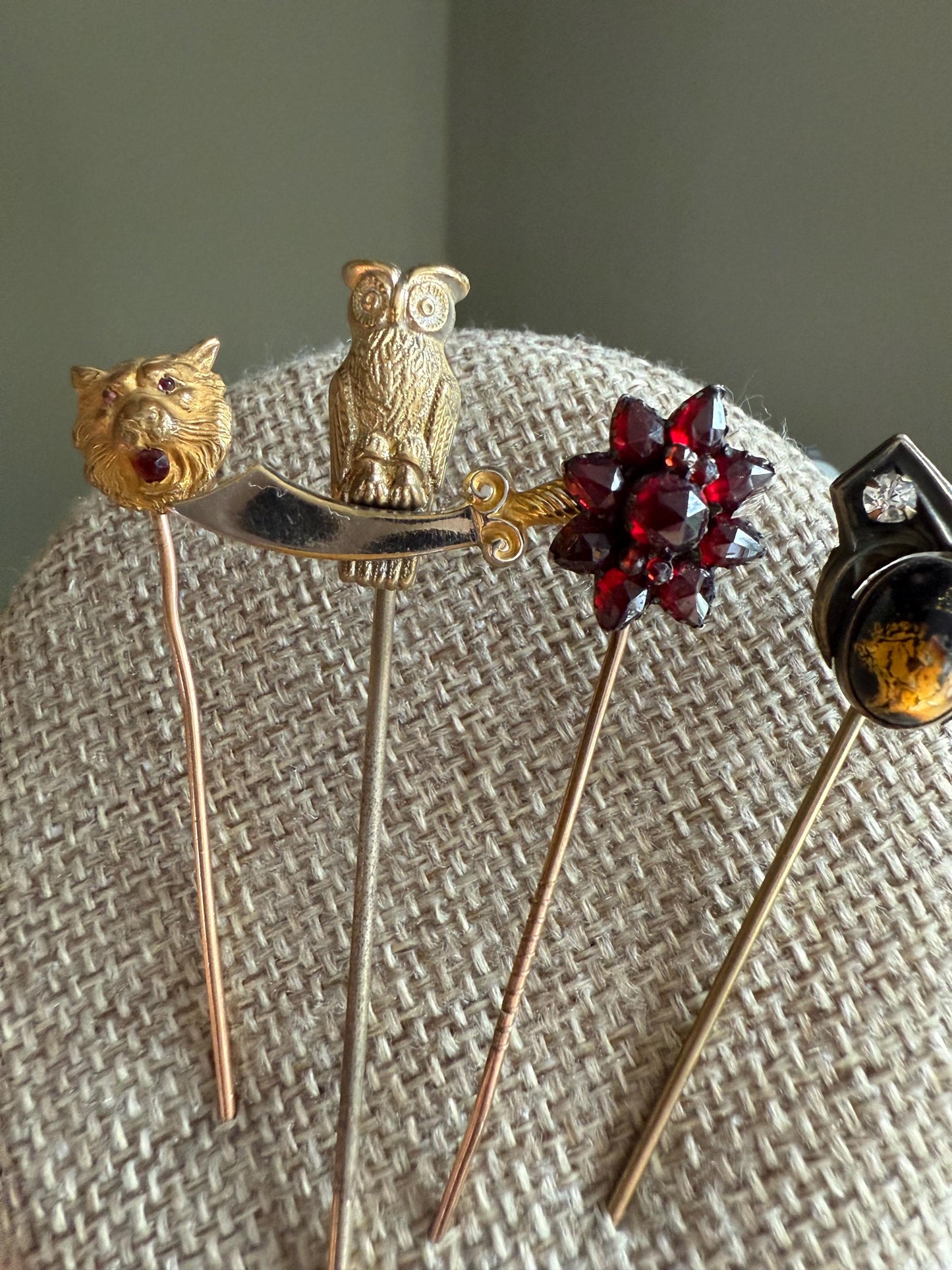 Pick an Antique Stickpin Lion, Owl, Garnet and Edwardian Art Glass