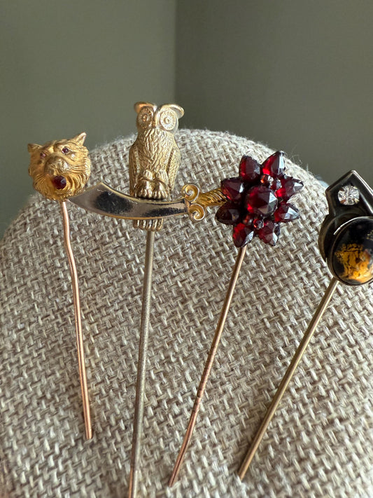 Pick an Antique Stickpin Lion, Owl, Garnet and Edwardian Art Glass