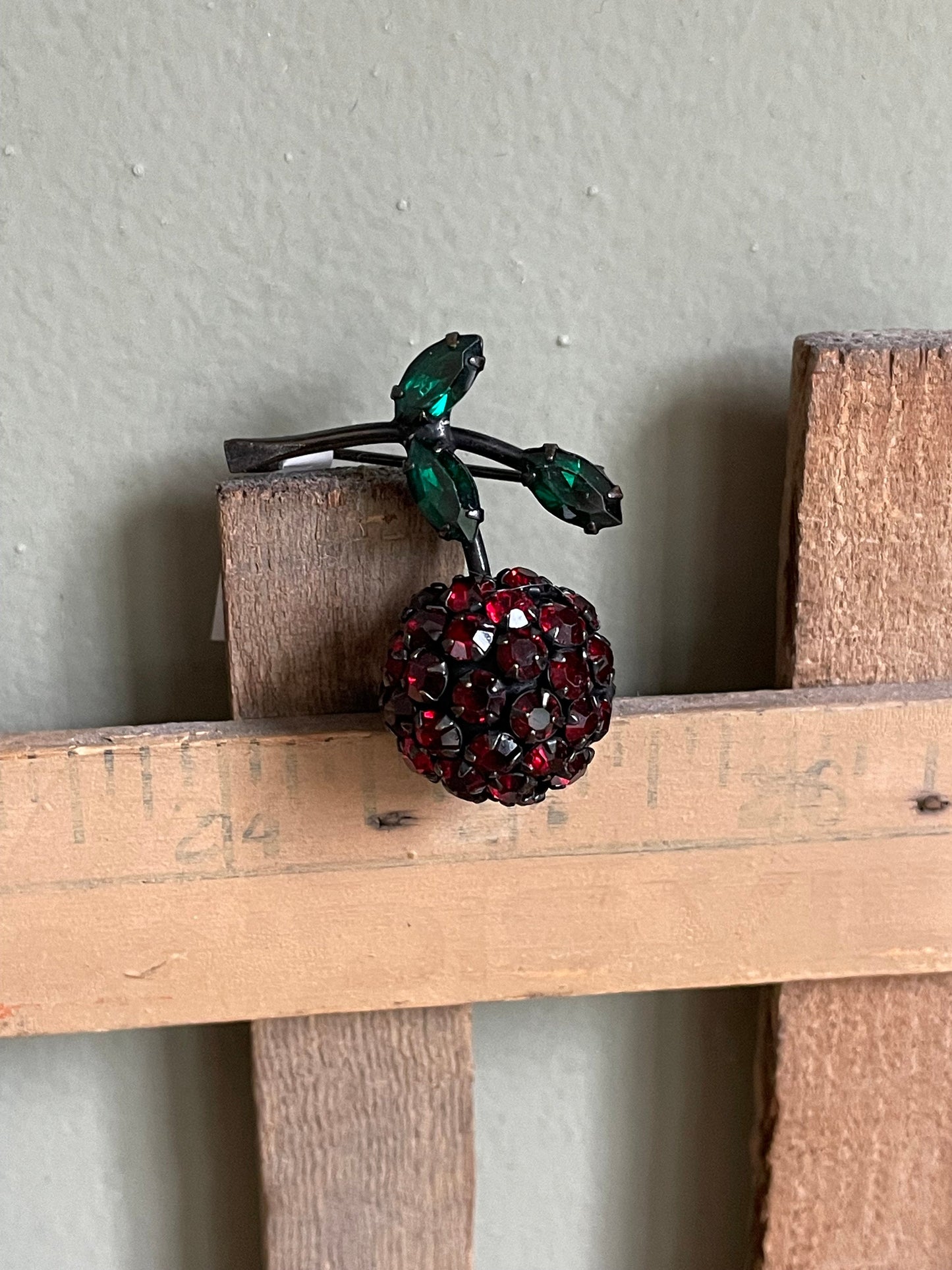 c1950 Warmer Juicy Cherry Rhinestone Brooch