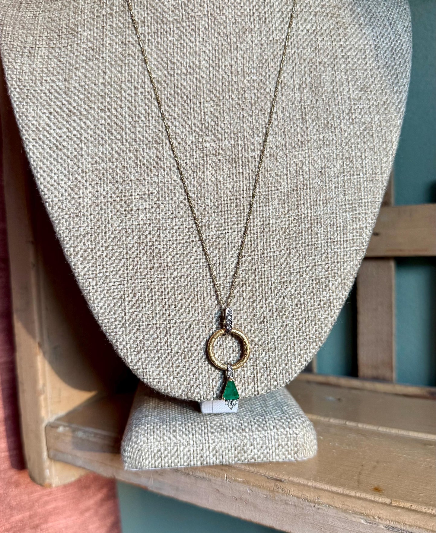 Custom Designed Natural Emerald and Diamond 18K Pendant on a 14K Yellow Gold Chain