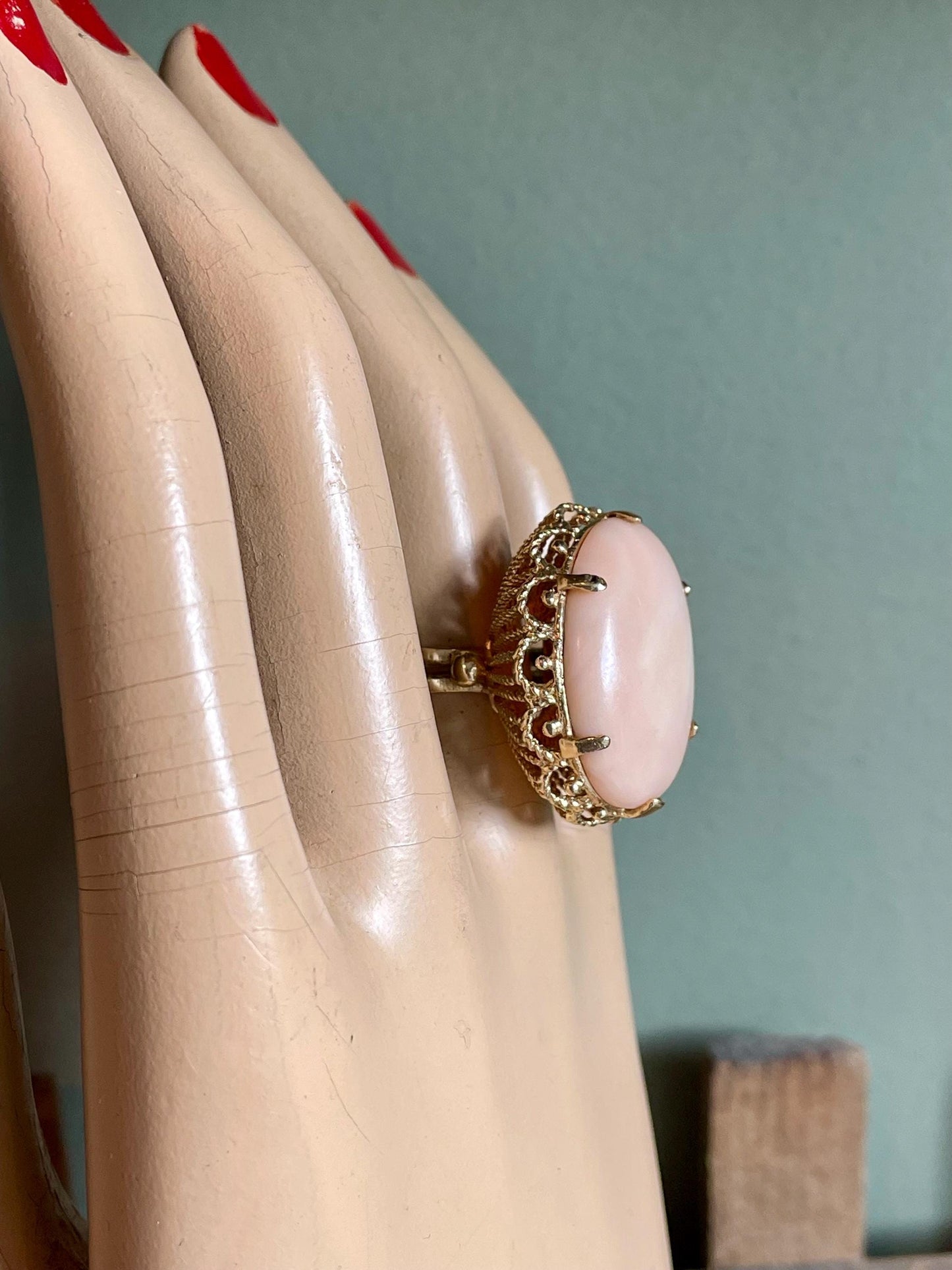 1960's Angel Skin Coral 14K Yellow Gold Cocktail Ring