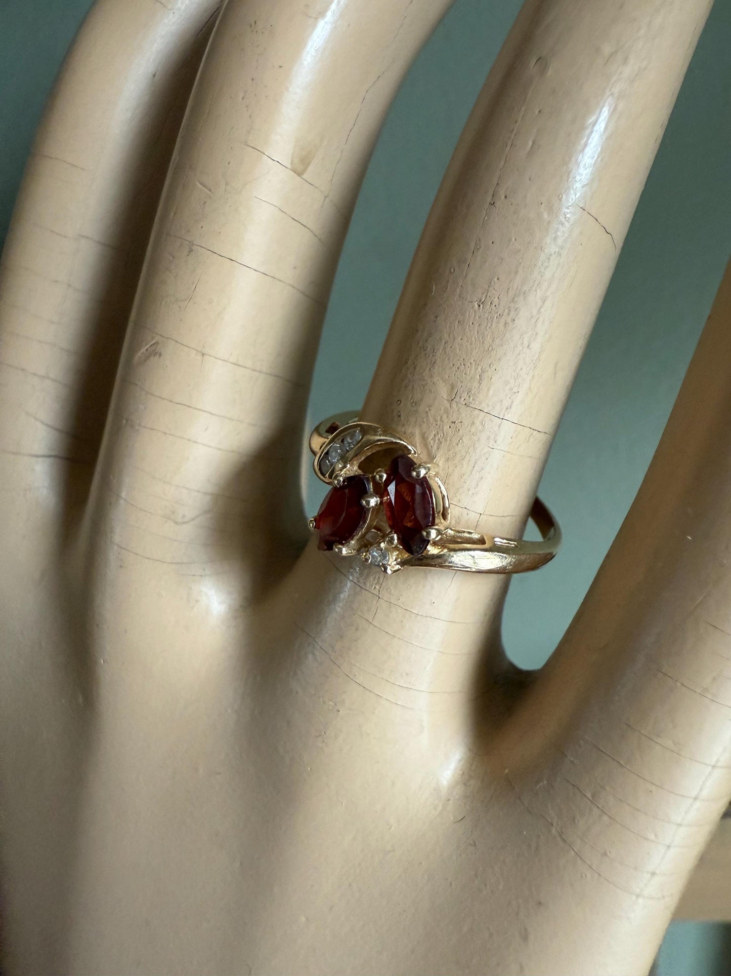 Vintage 14K Yellow Gold Marquis Cut Garnets and Diamomd Ring