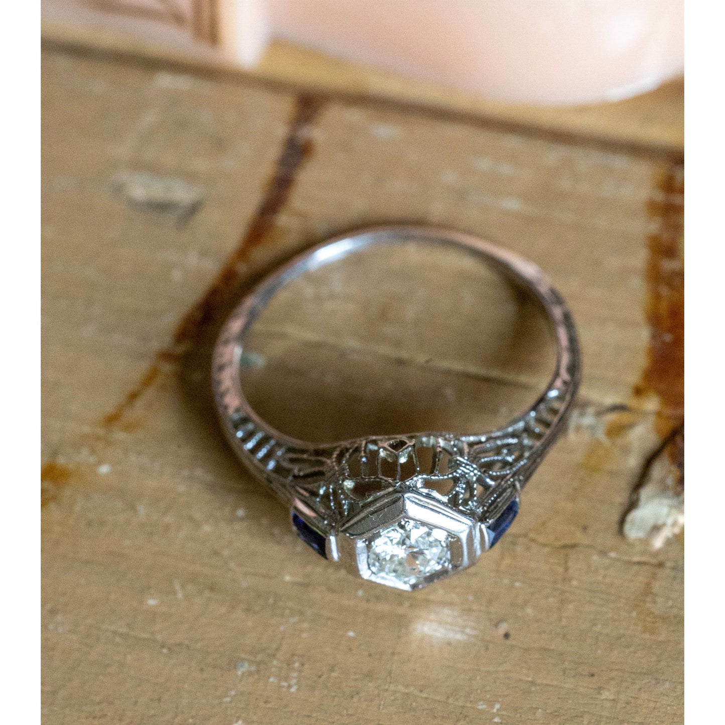1930-1940's Art Deco 18K White Gold Old European Cut Diamond and Sapphire Filigree Ring
