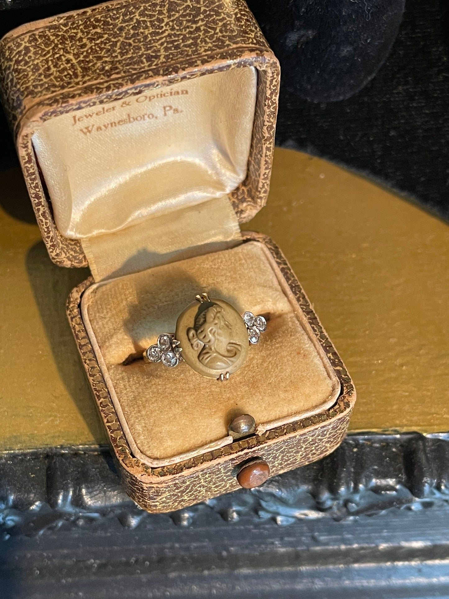 Late Victorian 14K Yellow Gold Lava Cameo with Diamonds