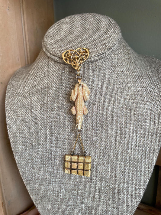 Antique Trio of Victorian Alligator Watch Fob, Suitcase and Edwardian Pocket Watch Brooch