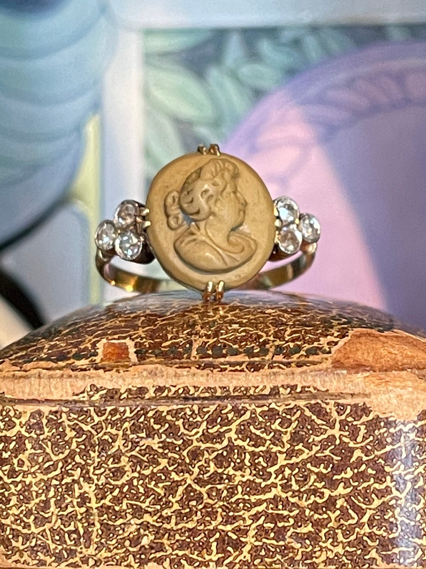 Late Victorian 14K Yellow Gold Lava Cameo with Diamonds