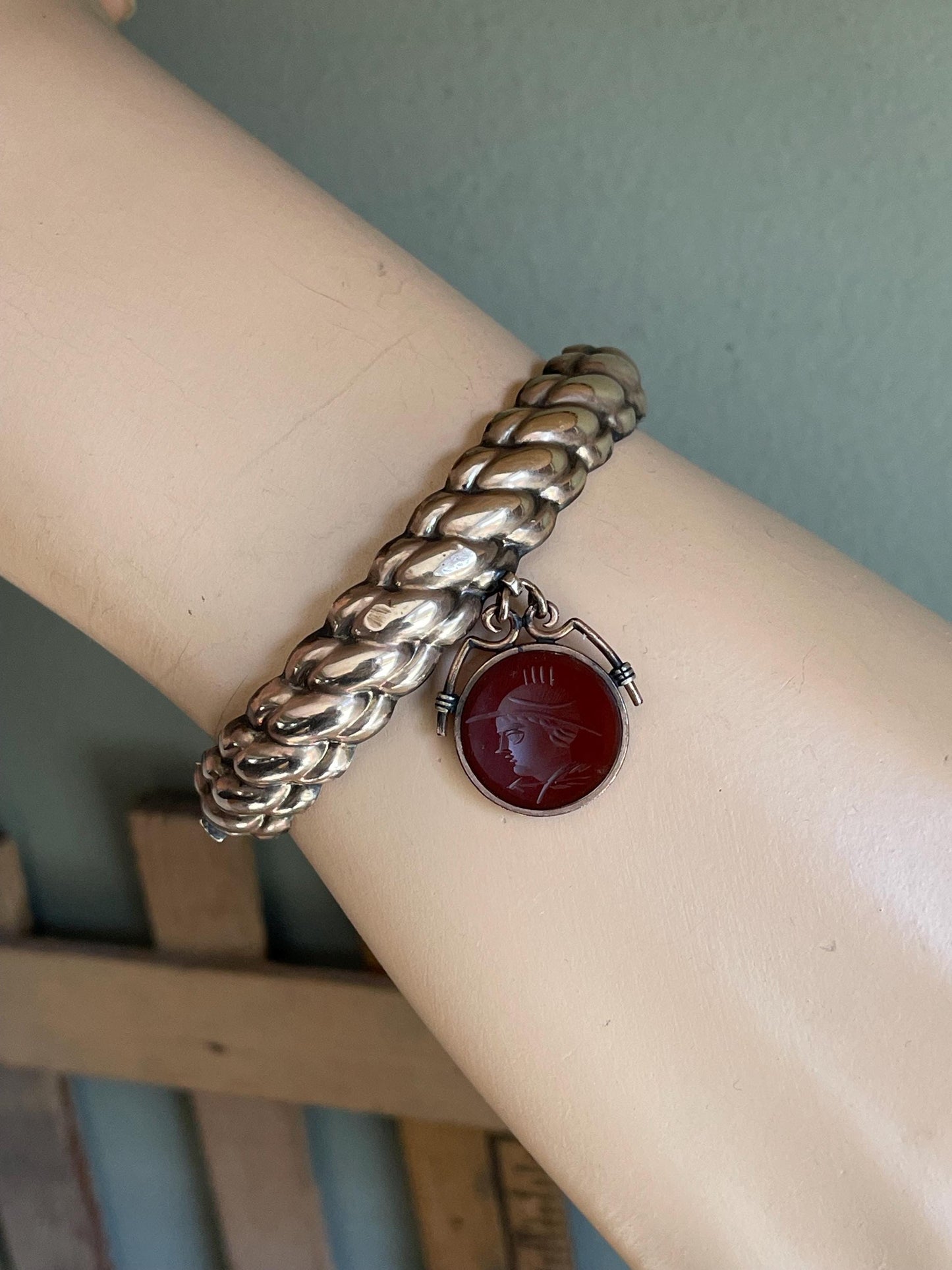 c1890 Antique Victorian Gold Filled Bracelet with Carnelian Tassie Intaglio of Soldier