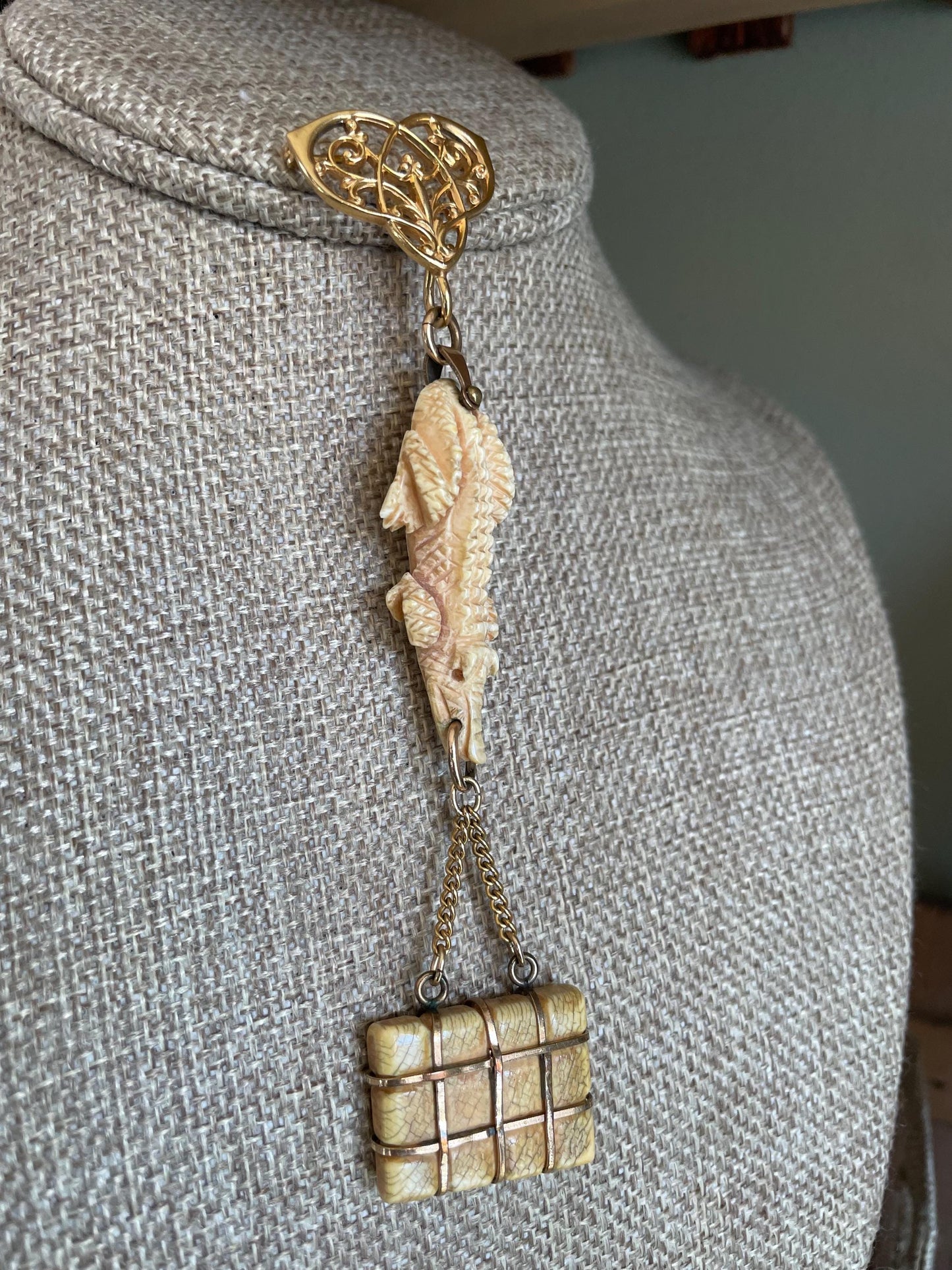 Antique Trio of Victorian Alligator Watch Fob, Suitcase and Edwardian Pocket Watch Brooch