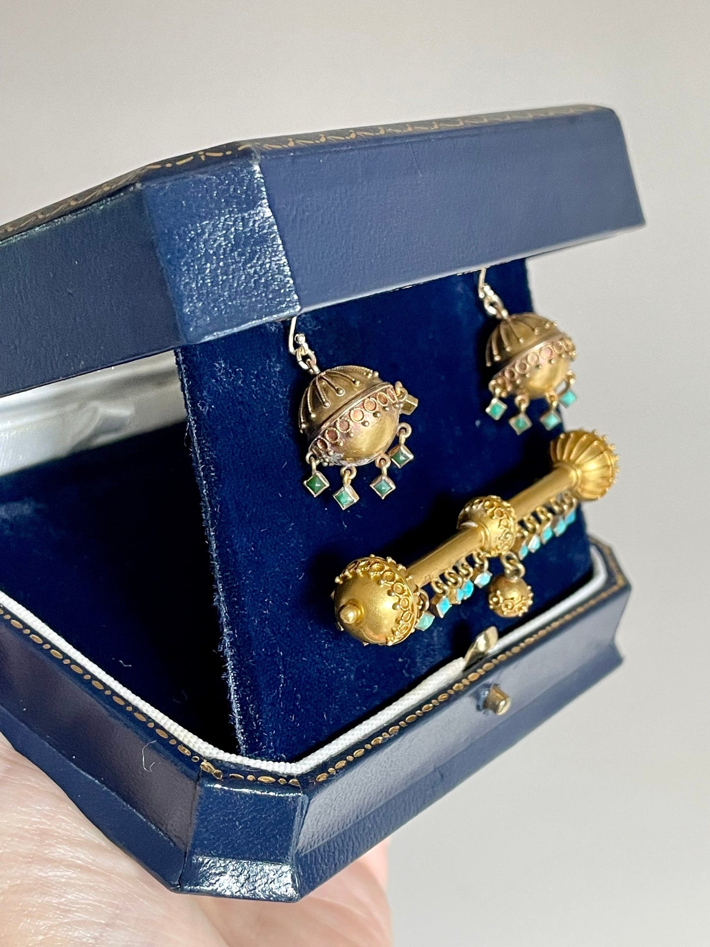 c1880 Demi Parure Victorian 14K Yellow Gold Turquoise Earrings and Brooch