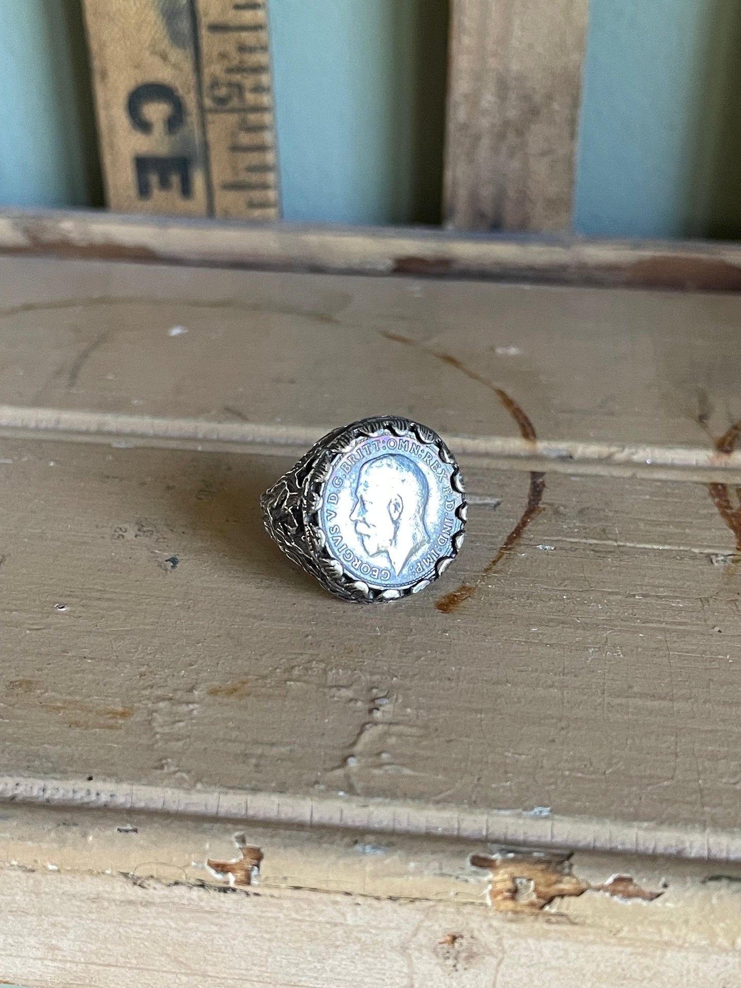1919 King George 3 Pence Coin Sterling Silver Ring