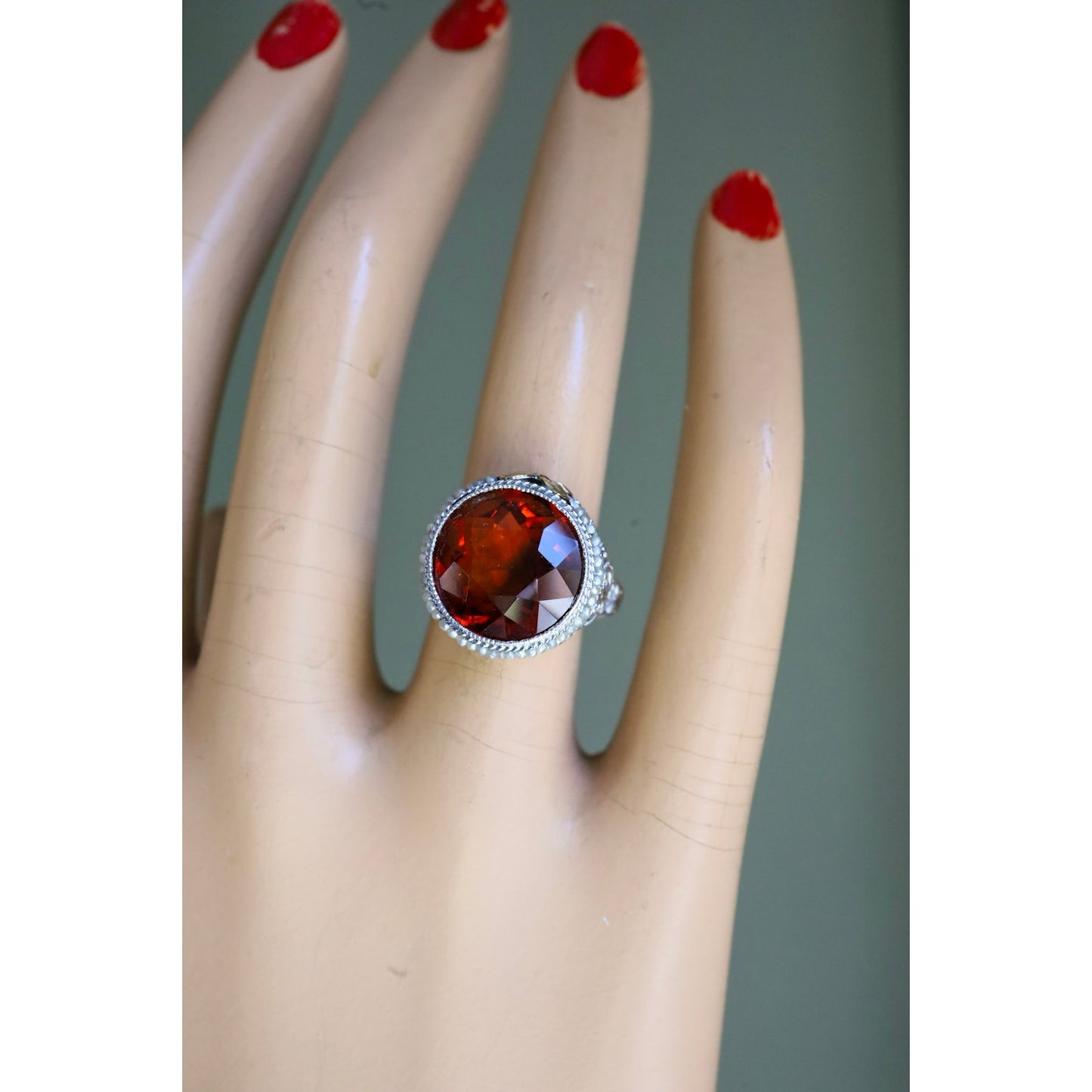 14K White Gold Authentic Art Deco Citrine Ring with Seed Pearl Halo