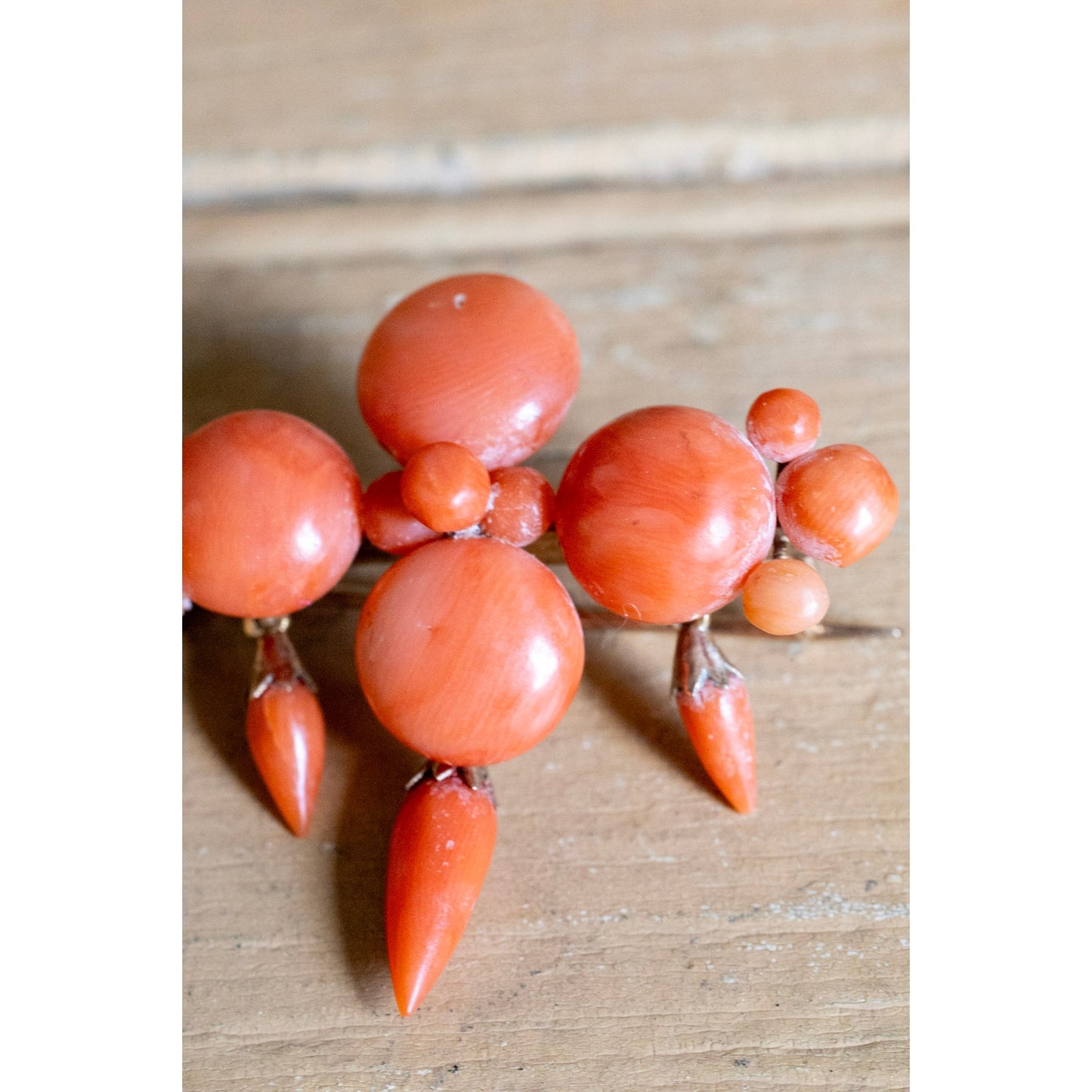 Antique Victorian Natural Untreated Coral Brooch With Hook in 10K Yellow Gold