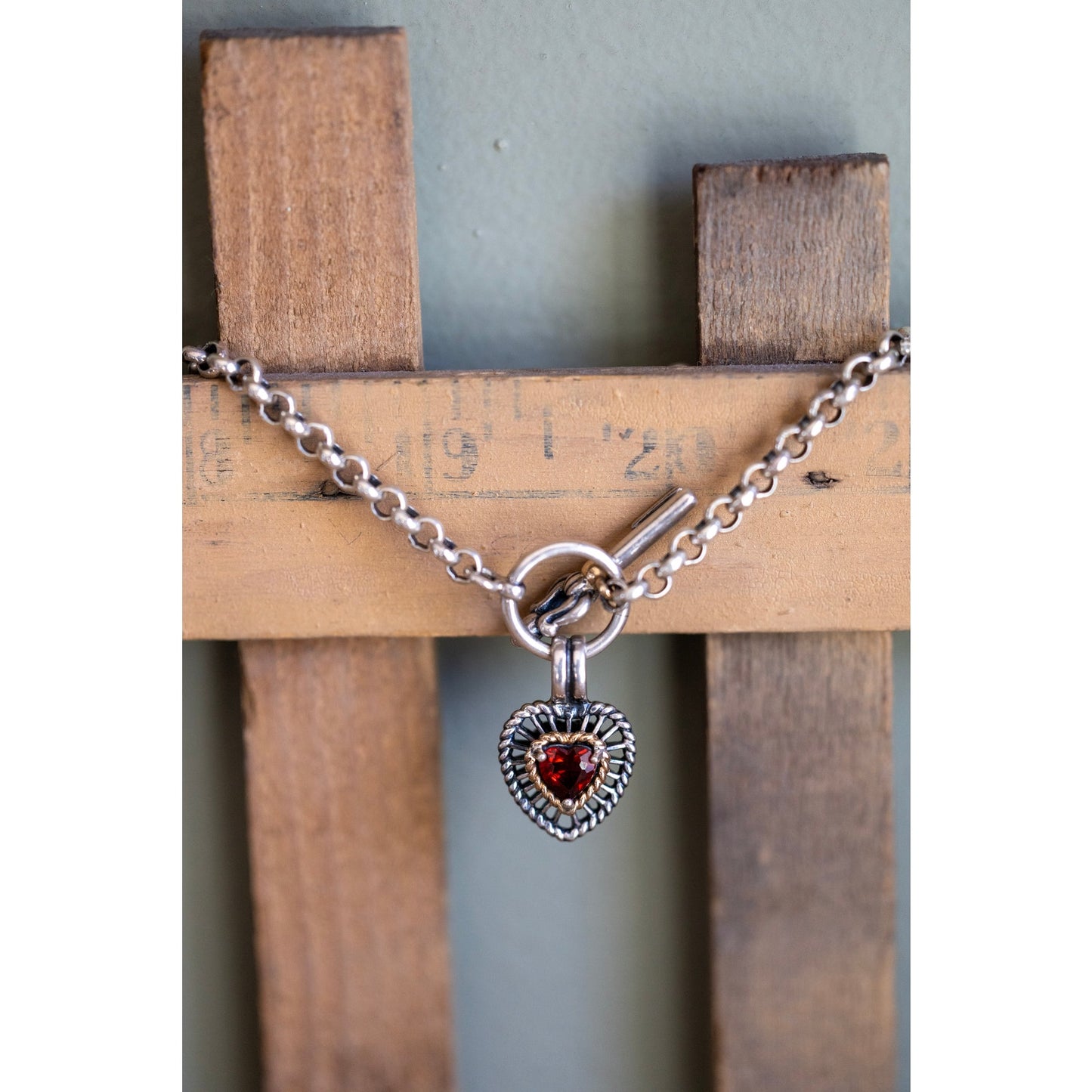 Vintage Ross Simons Sterling Silver and 14K Garnet Set Heart Charm Bracelets with Arrow Clasp