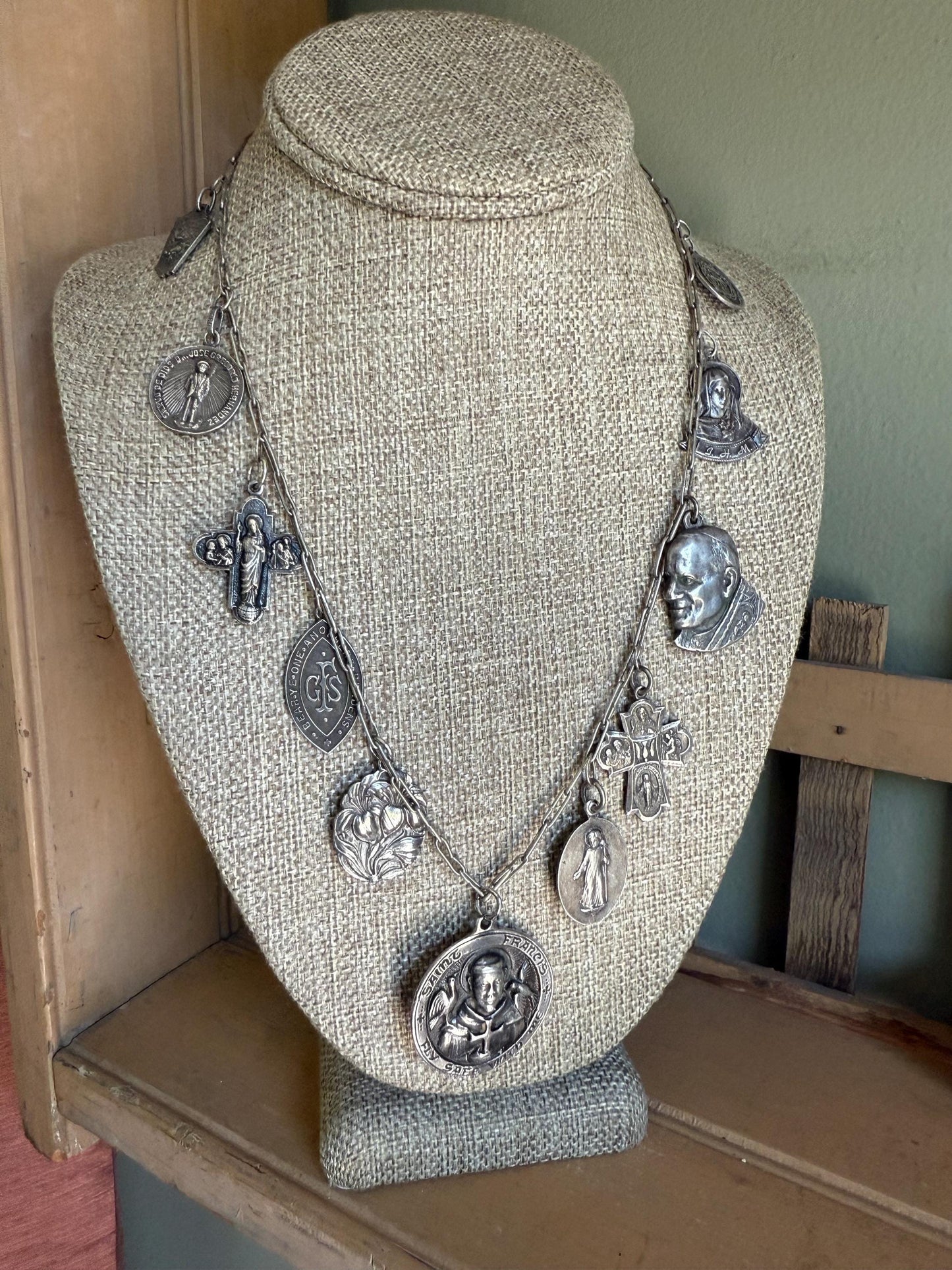 Vintage/Antique Collection of Religious Medallions Charms on Original Chain