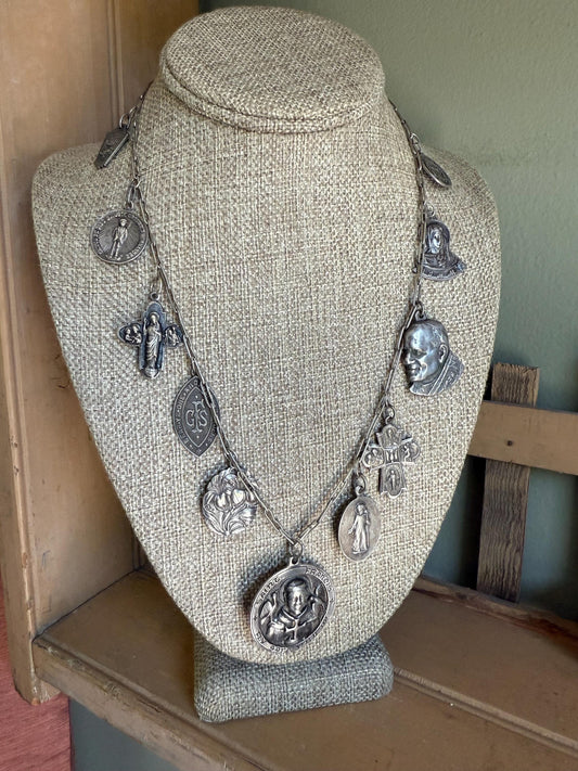 Vintage/Antique Collection of Religious Medallions Charms on Original Chain