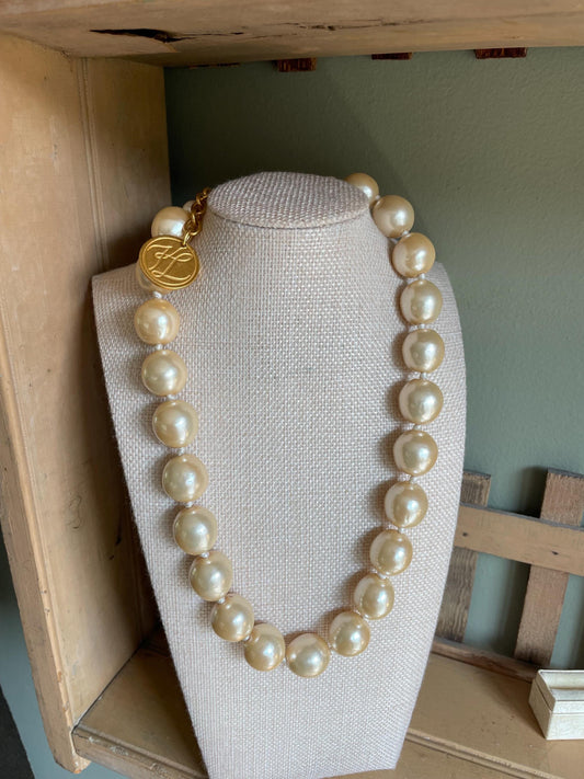 Vintage 1980's Karl Lagerfeld Glass Pearl and Gold Plated Coin Necklace