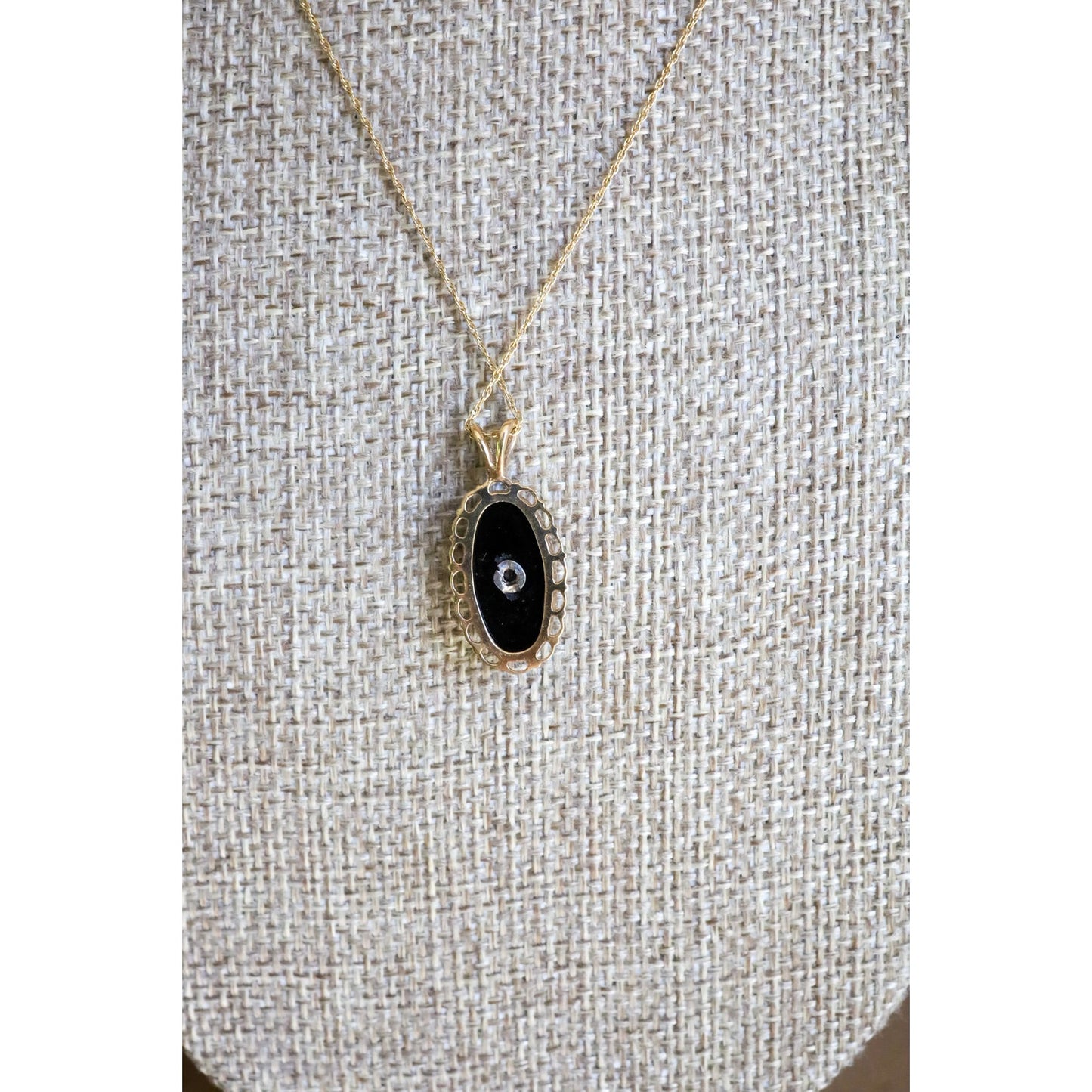 Vintage Late Art Deco 10K Yellow Gold Chain and 10K Yellow Gold Onyx and Diamond Pendant