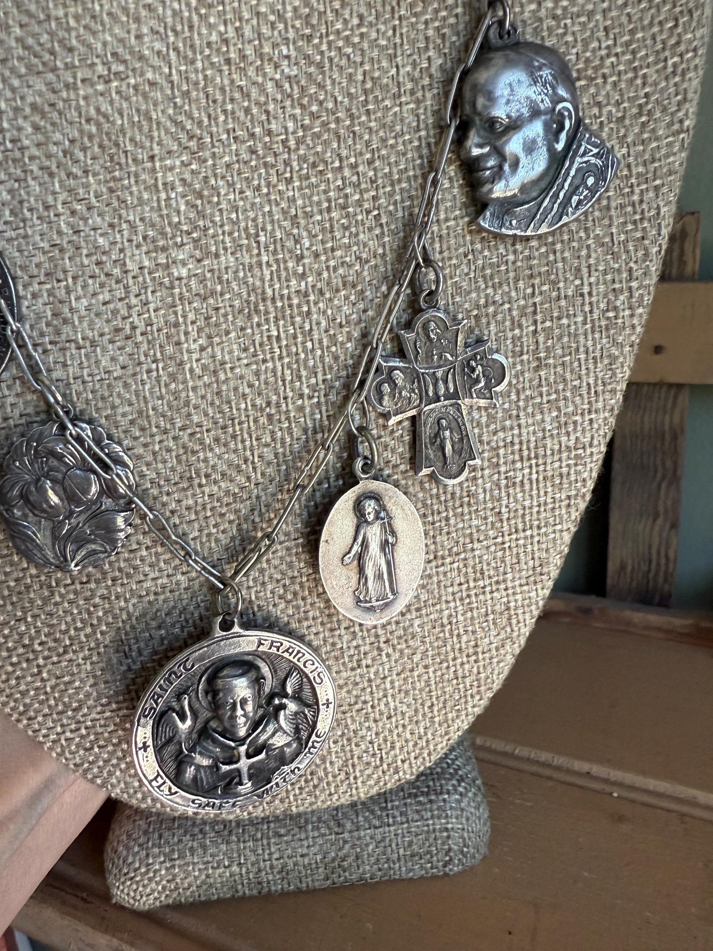 Vintage/Antique Collection of Religious Medallions Charms on Original Chain
