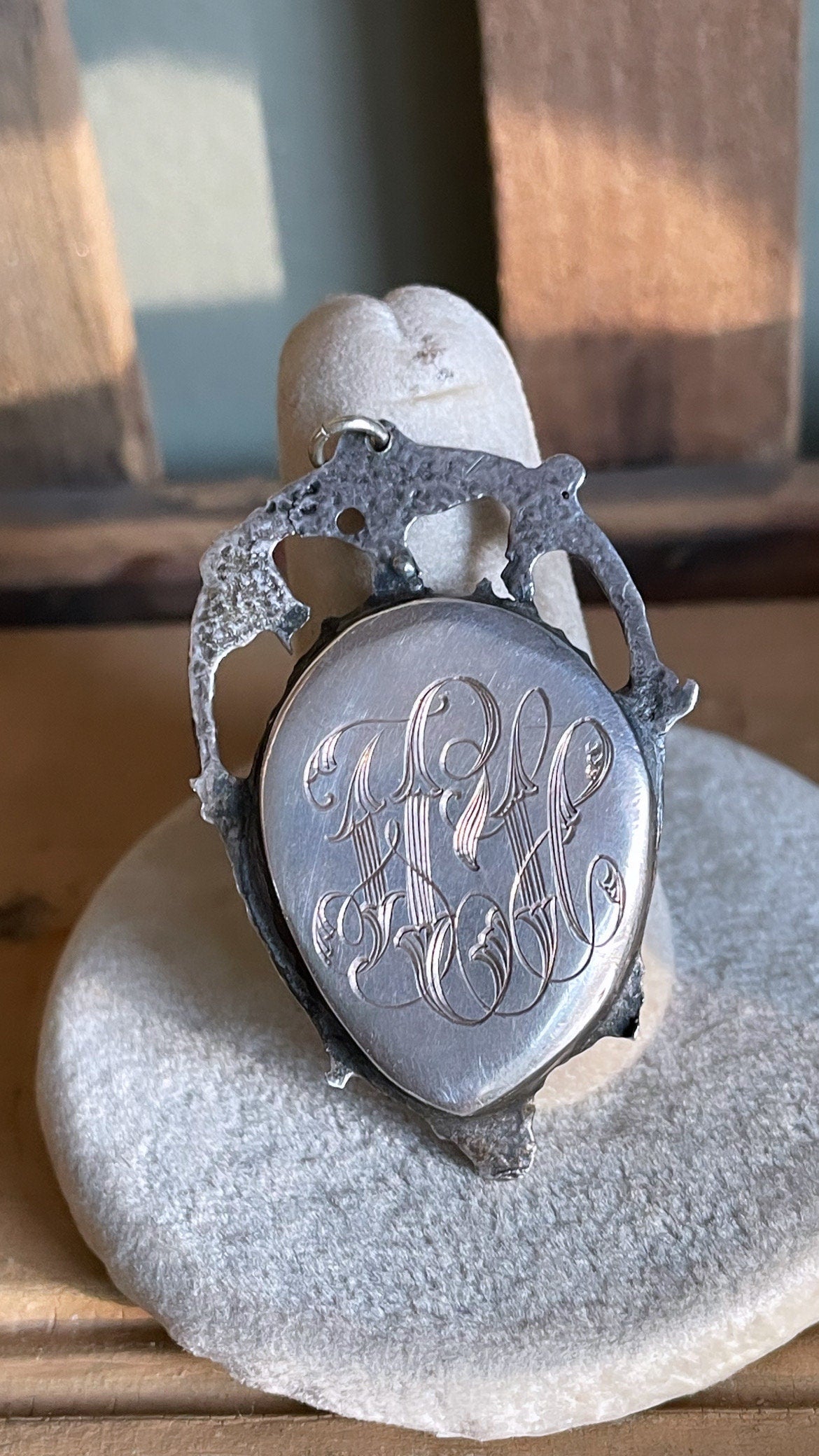 Antique Art Nouveau Arts and Crafts Blister Pearl In Sterling Silver Pendant with Engraving