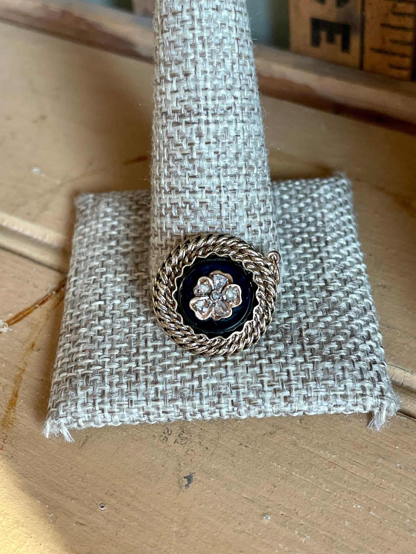 Antique 14K Yellow Gold Onyx Rose Cut Diamond Pansy Pendant