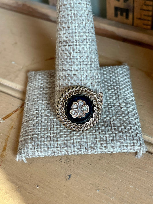 Antique 14K Yellow Gold Onyx Rose Cut Diamond Pansy Pendant