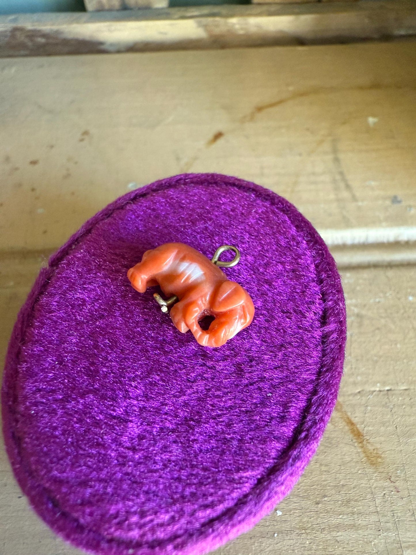 Antique 10K Yellow Gold Mini Hand Carved Coral Elephant Charm / Pendant