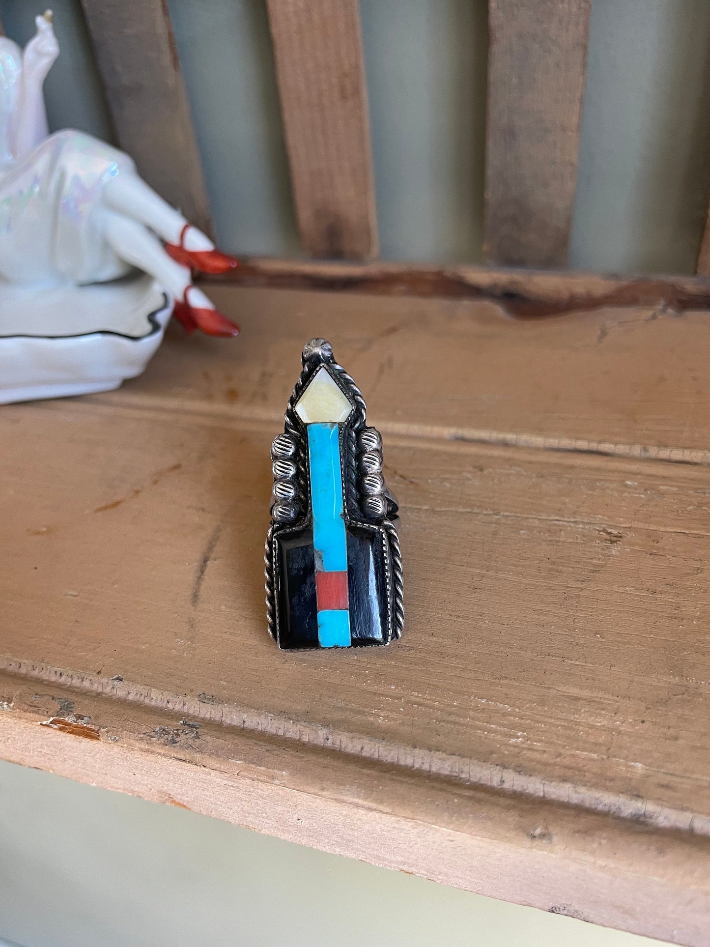 1920-1950 John Gordon Leek Zuni Inlay Arrow Ring Sterling Silver