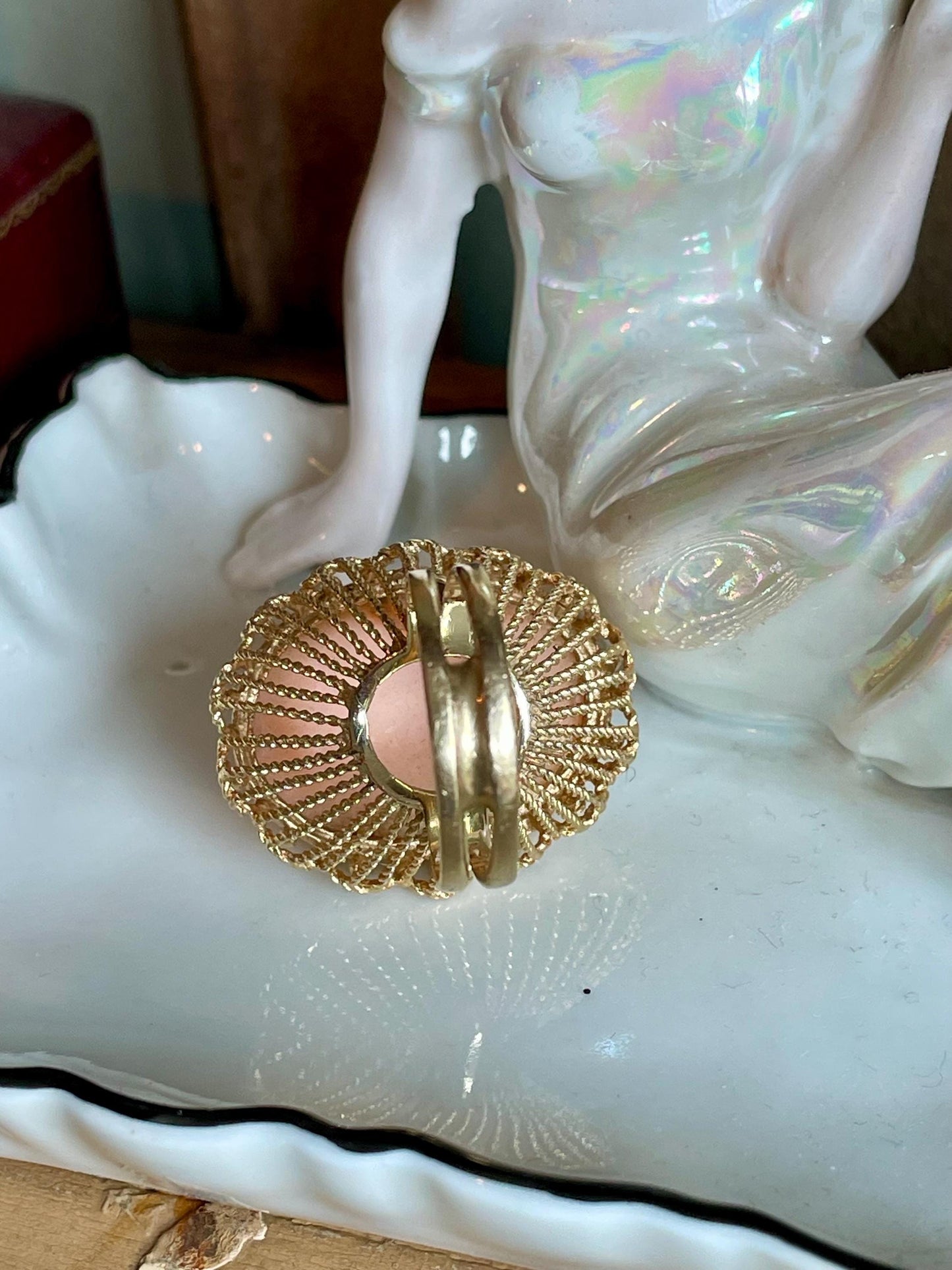 1960's Angel Skin Coral 14K Yellow Gold Cocktail Ring