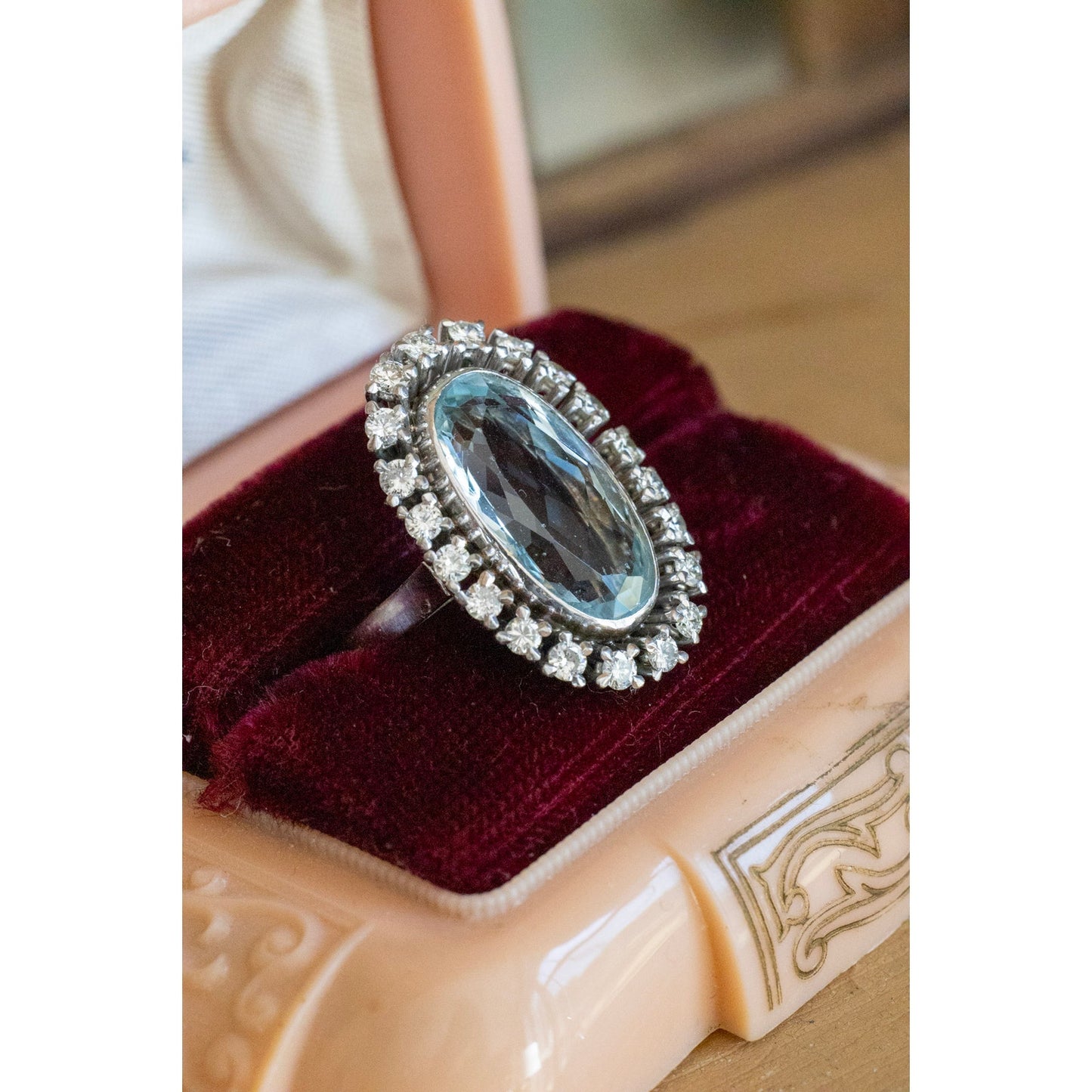 Vintage 1950's 18K White Gold Mid-Century Oval Cut Aquamarine and Natural Diamond Halo Ring