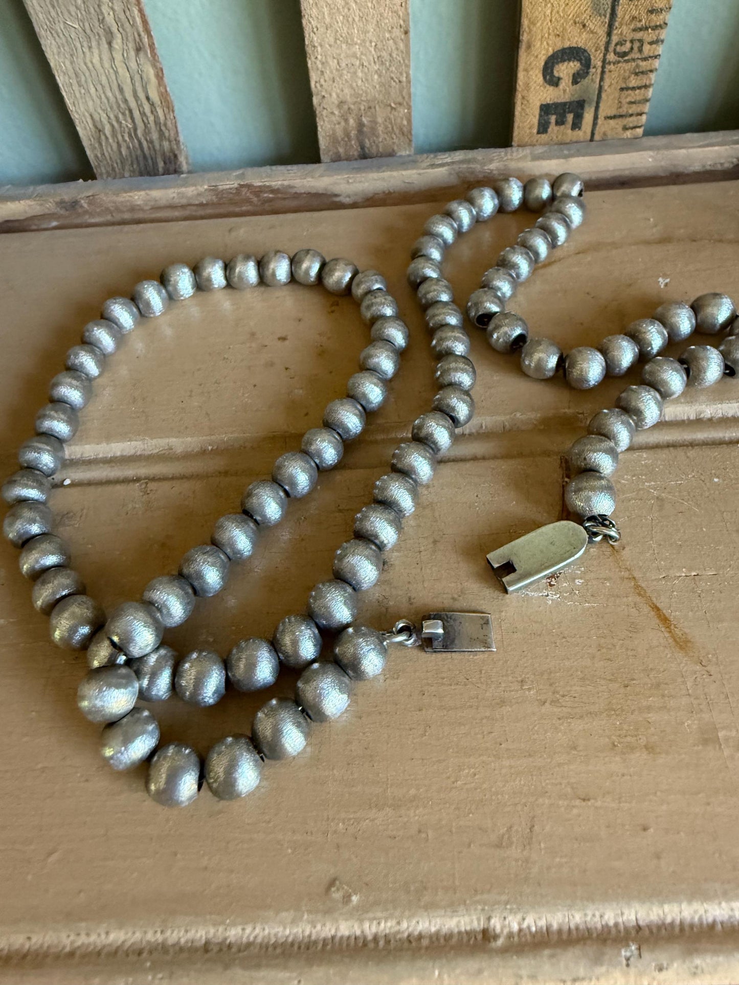 Vintage Sterling Silver Mexican Pearl Brushed Sterling Silver Bead Necklace