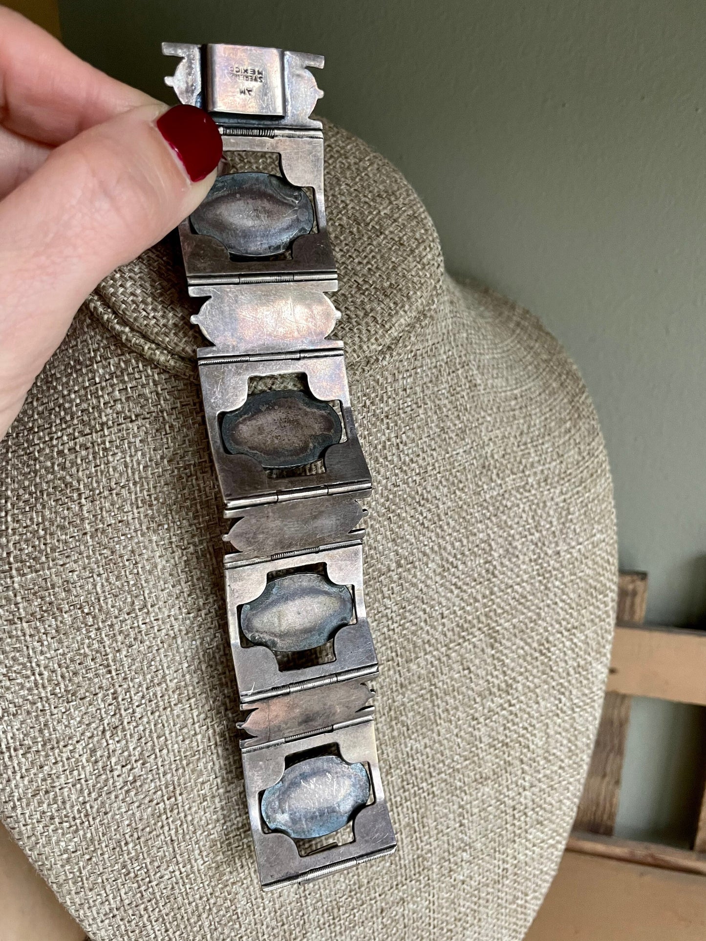 Sterling Silver Mexican Green Onyx Bold Wide Bracelet