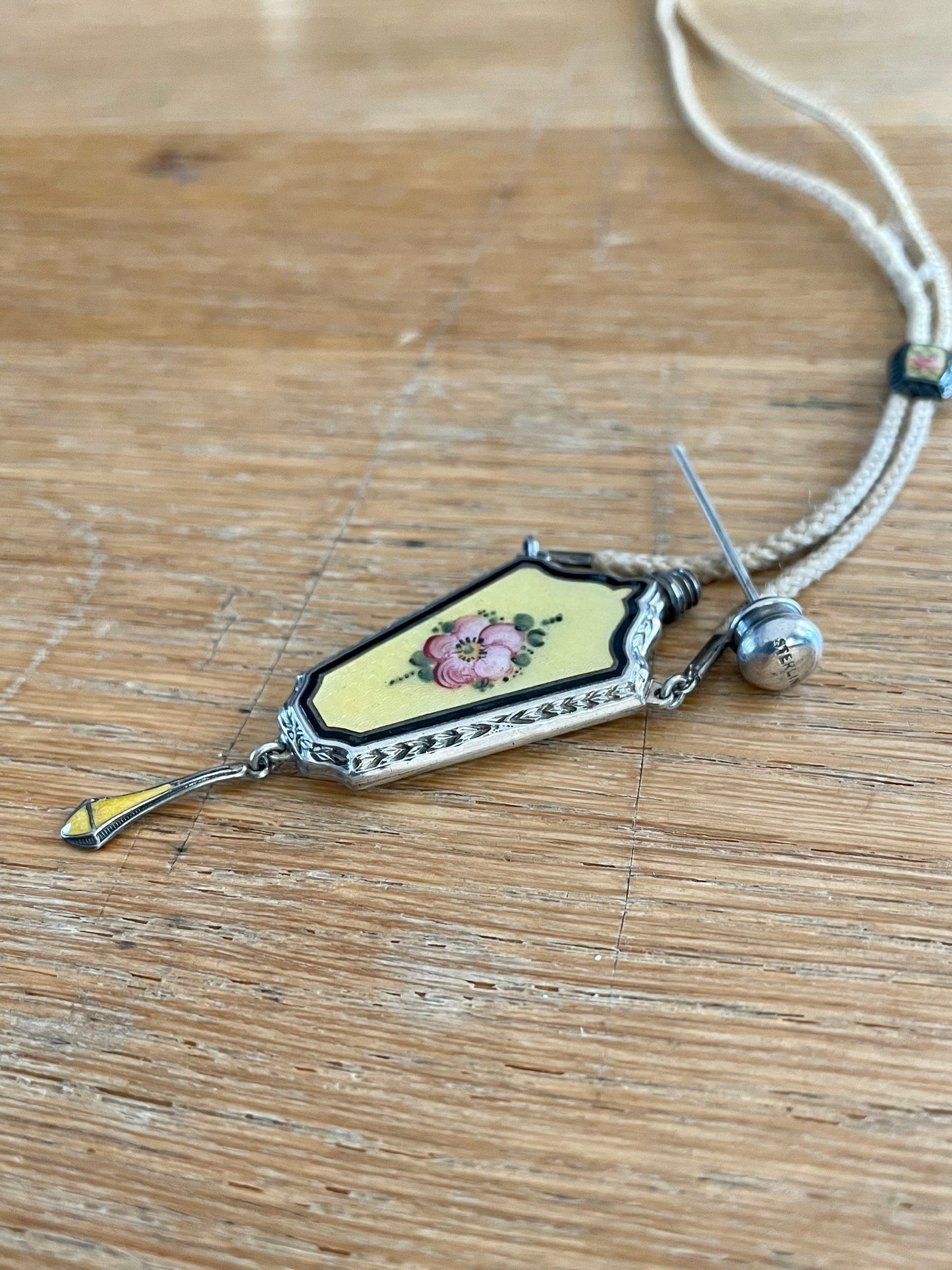 c1920-1930 Sterling Silver Guilloche Perfume Bottle on Original Braided Cord with Slide