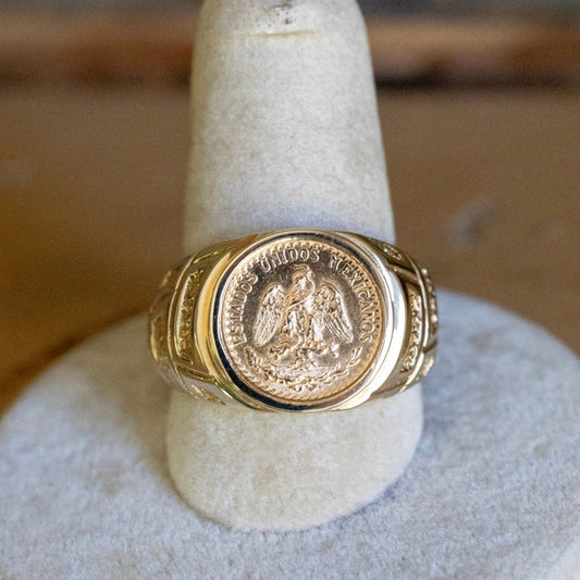A Gold 1945 Mexican Dos Pesos Coin Set in 14K Yellow Gold Ring