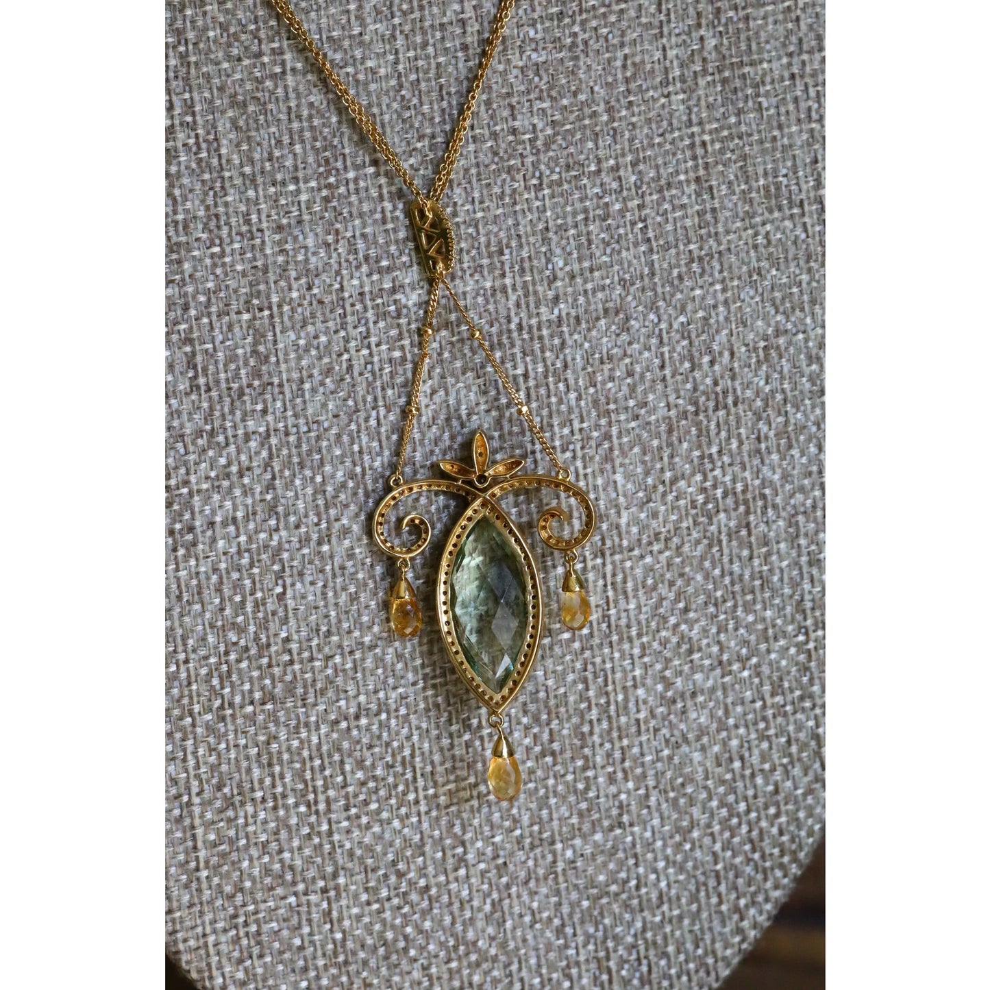 Vintage 18K Yellow Gold Art Nouveau Inspired Prasiolite, Diamond and Citrine Necklace