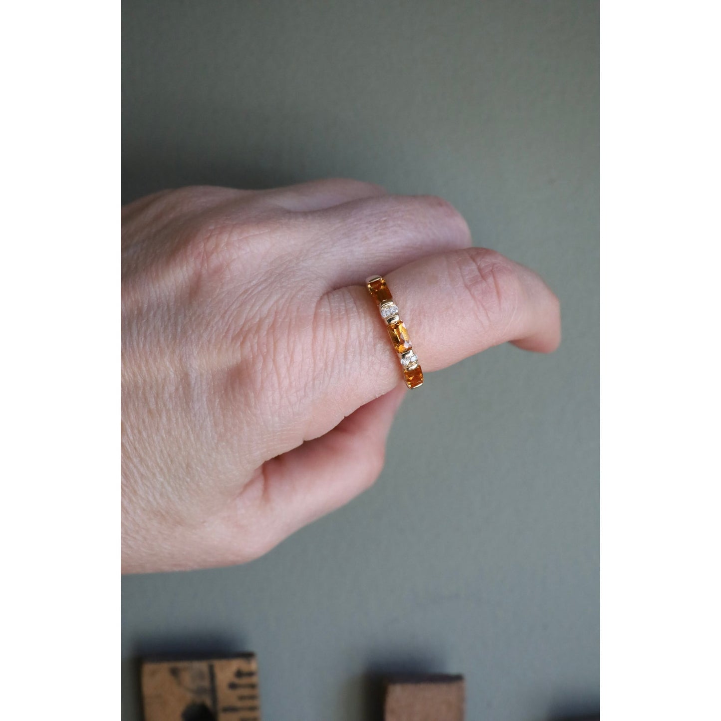 Vintage 14K Yellow Gold Citrine and Diamond Band Ring