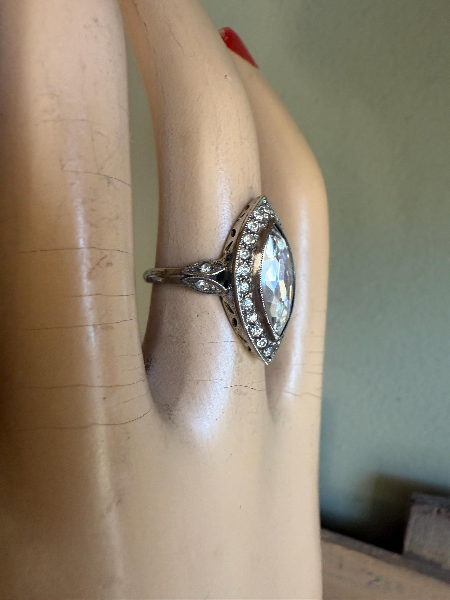 c1930 Vintage Art Deco Sterling Silver Marquis Shaped Crystal Ring