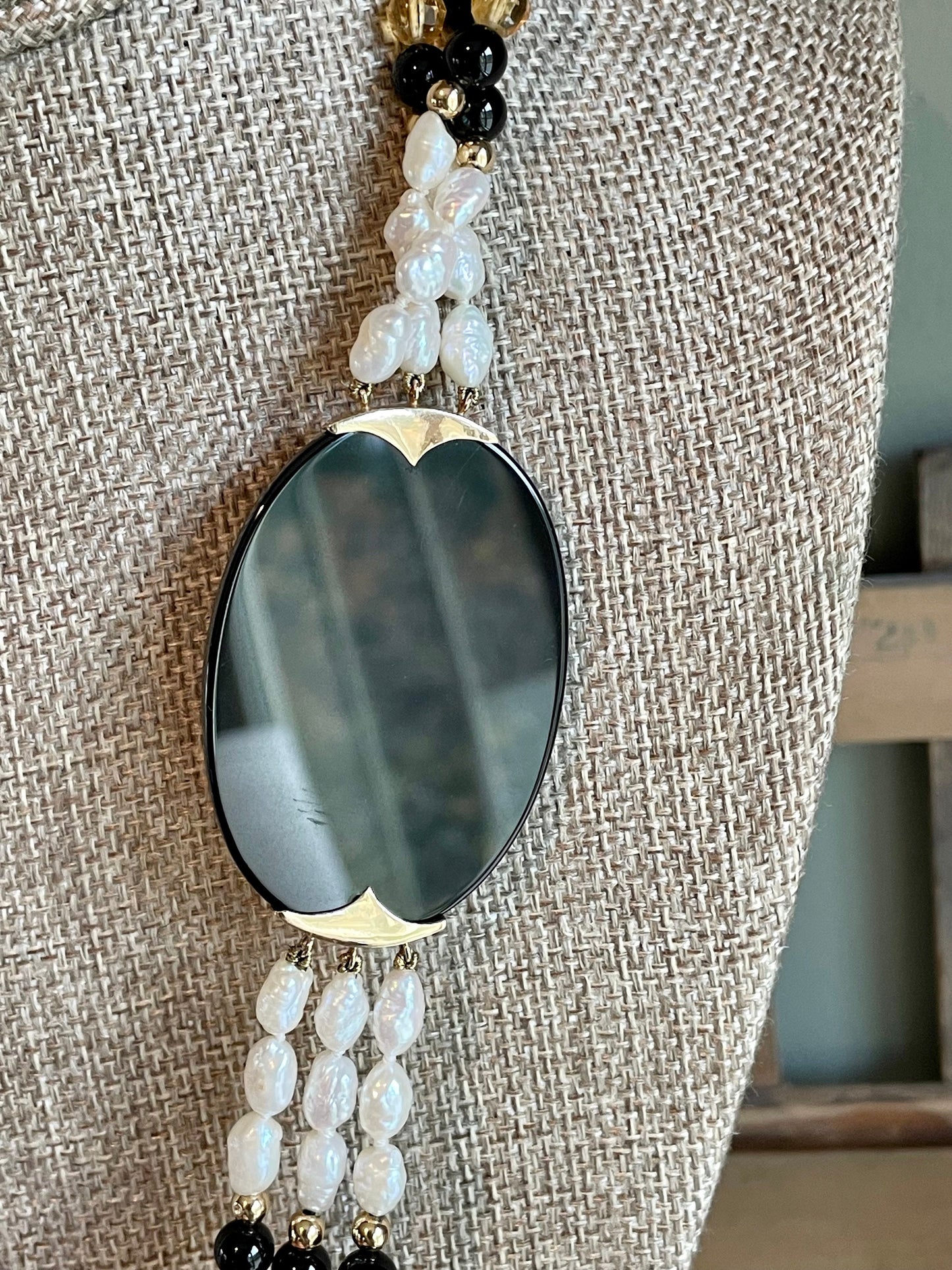 c1990 14K Yellow Gold Onyx, Mabe Pearl & Rice Pearl Multi Strand Necklace