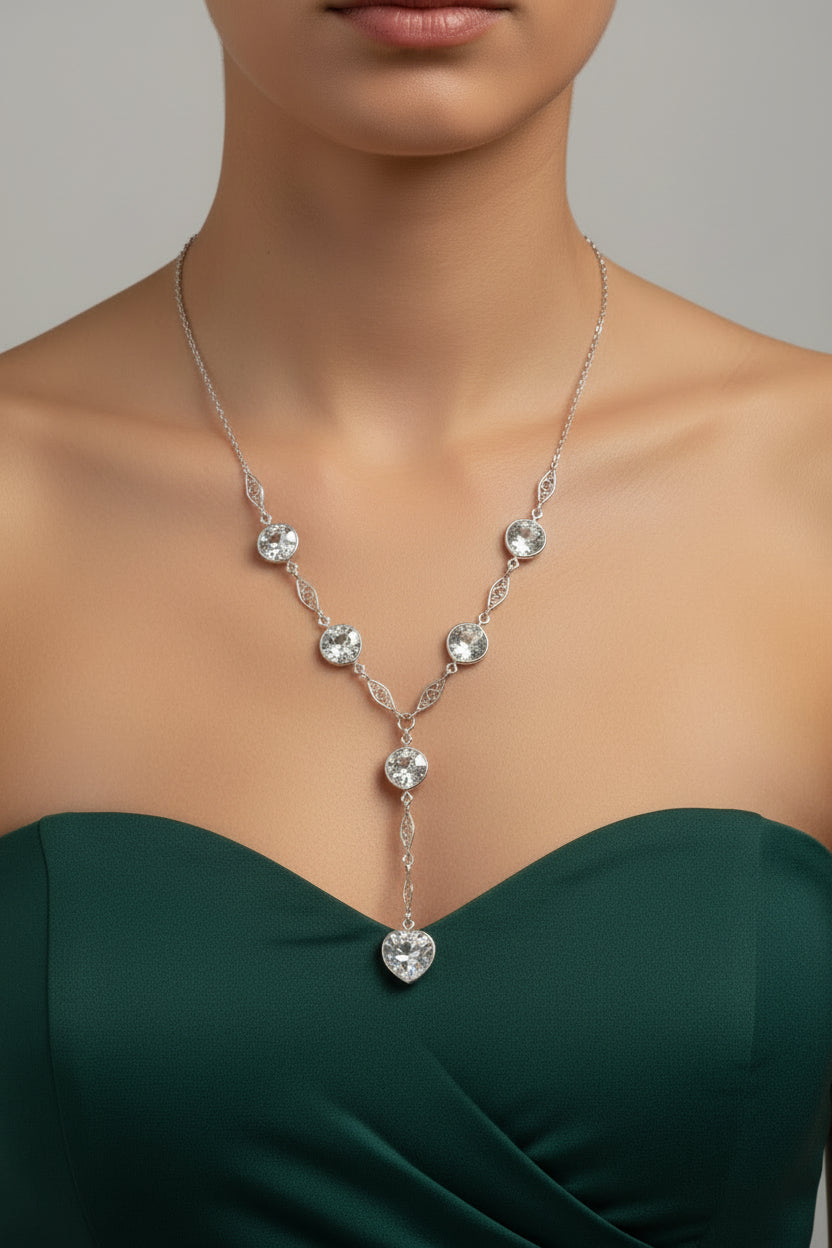 C1920 Rhodium Plated Art Deco Cut Crystal Dangle Necklace