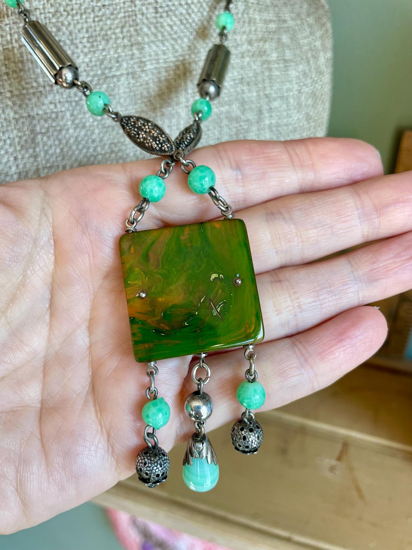 1920-1930 Made in Germany Peking Green Glass Flapper Dangle Necklace