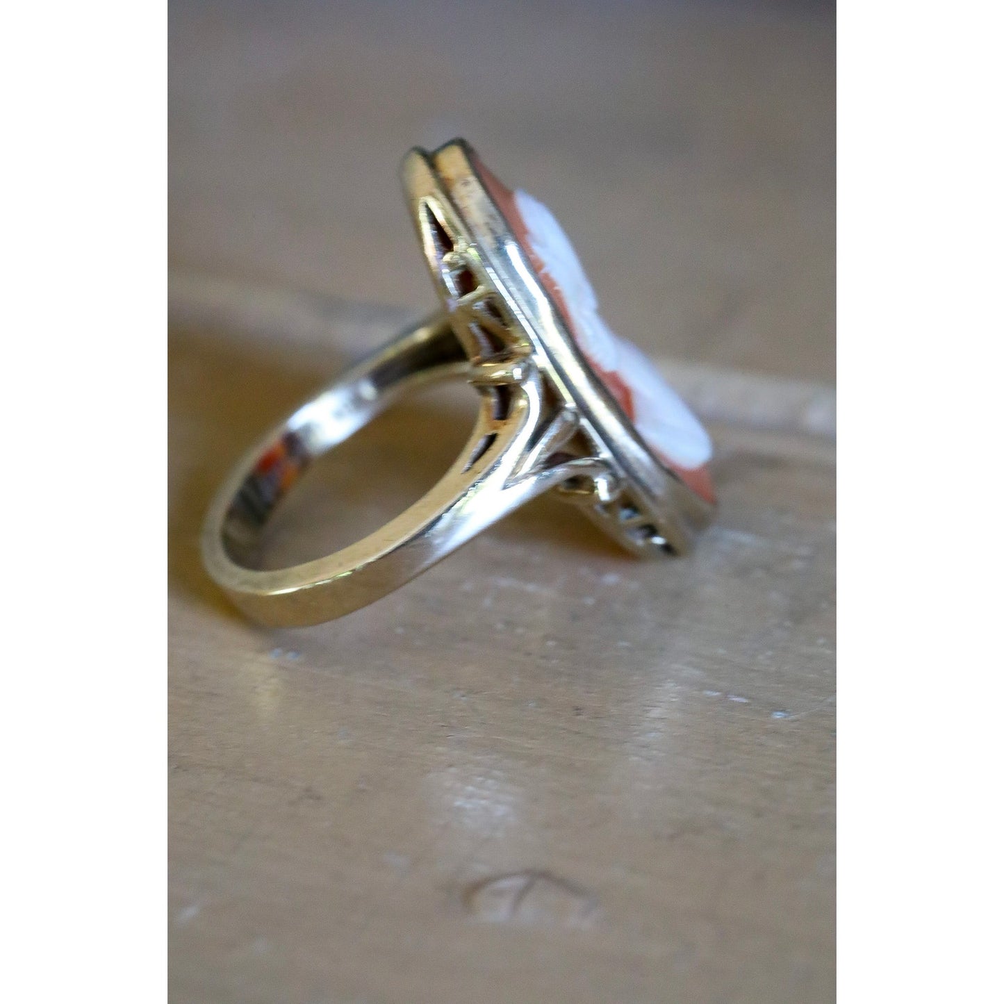 C1950 10K Yellow Gold Ring Featuring an Oval Hand Carved Conch Shell Cameo