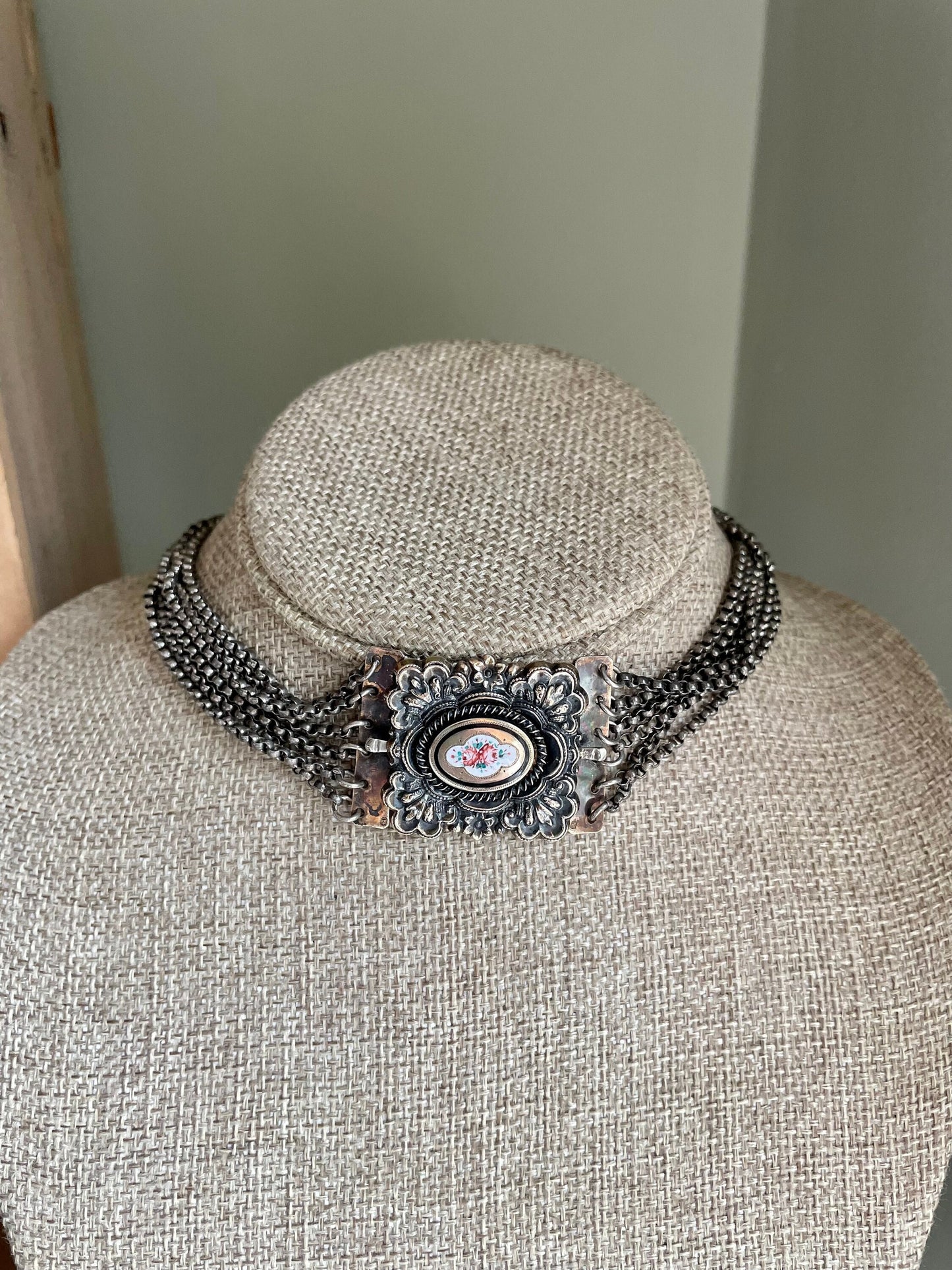 Antique Silver with Gilt Gold Hand Enameled Multi Strand Choker