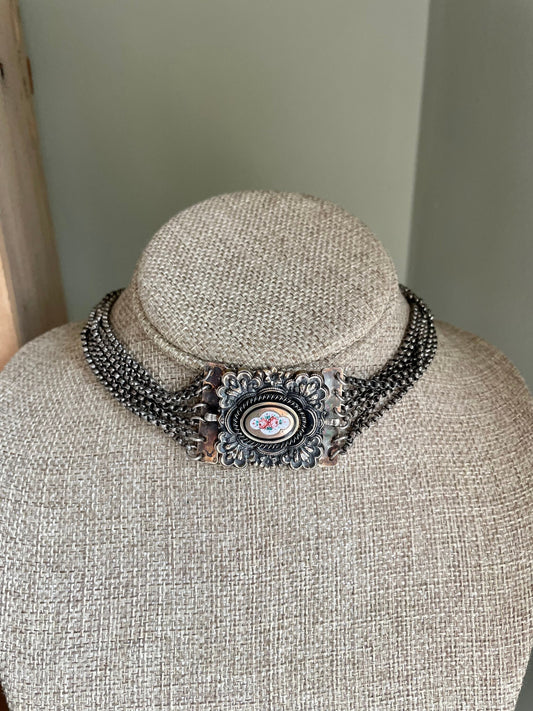 Antique Silver with Gilt Gold Hand Enameled Multi Strand Choker