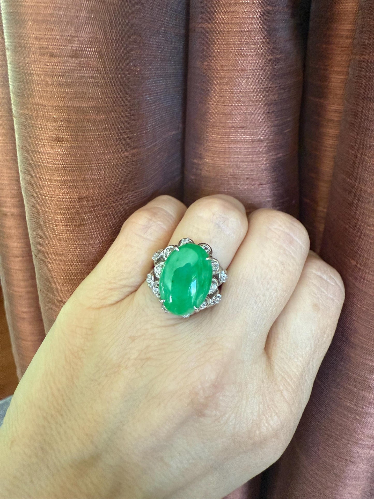 A GIA Certified Natural 8 Carat Plus Jadeite Jade Set in 14K White Gold Diamond Ring