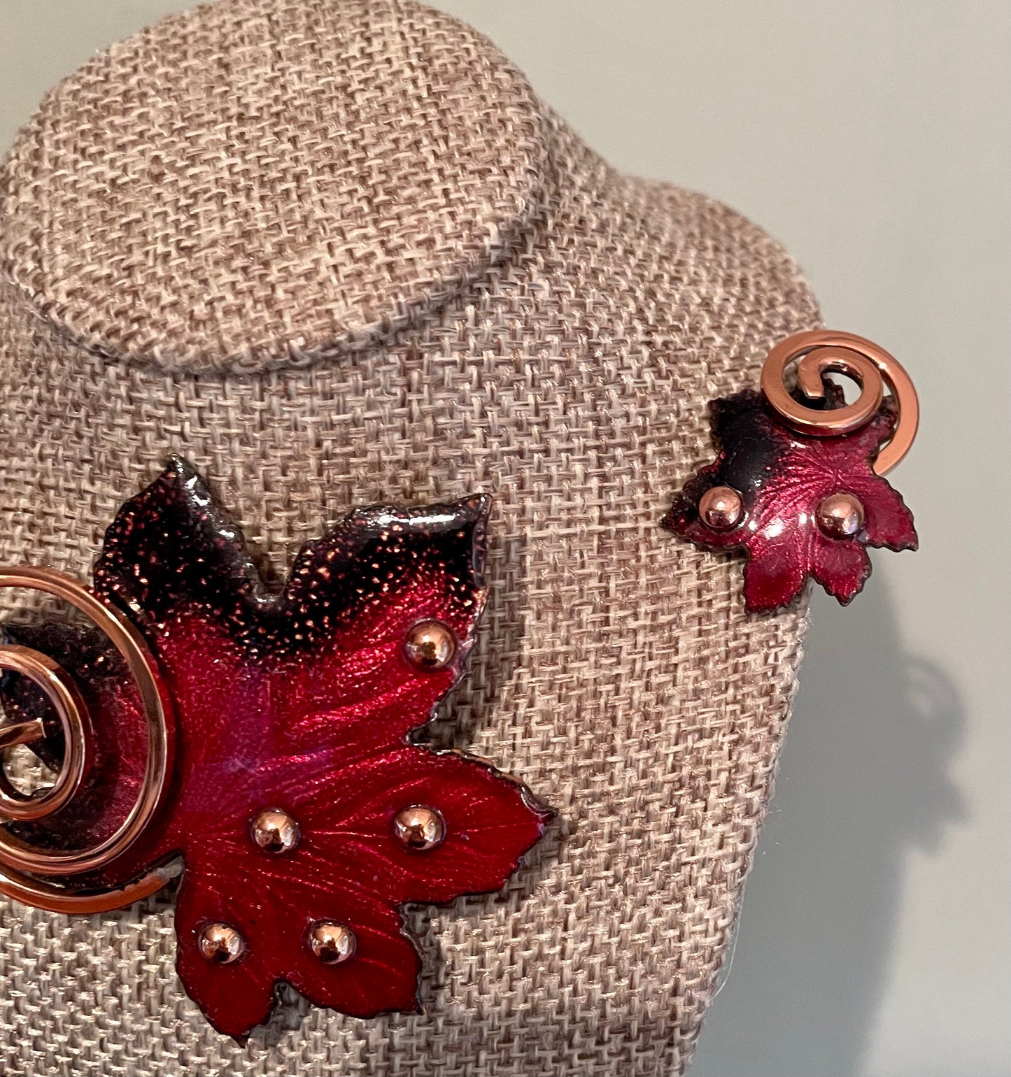 C1960 Matisse Enamel Copper Leaf Brooch and Clip Earrings