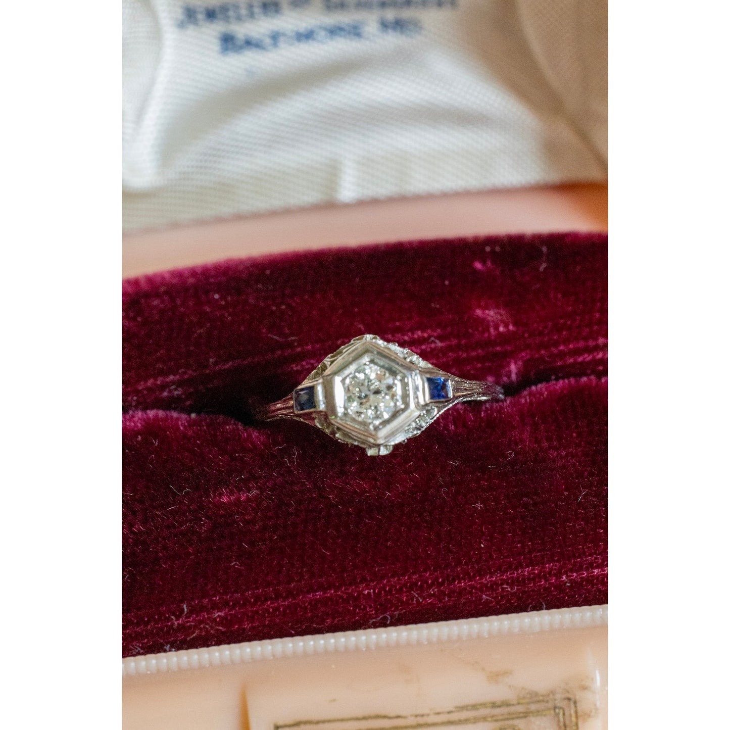 1930-1940's Art Deco 18K White Gold Old European Cut Diamond and Sapphire Filigree Ring