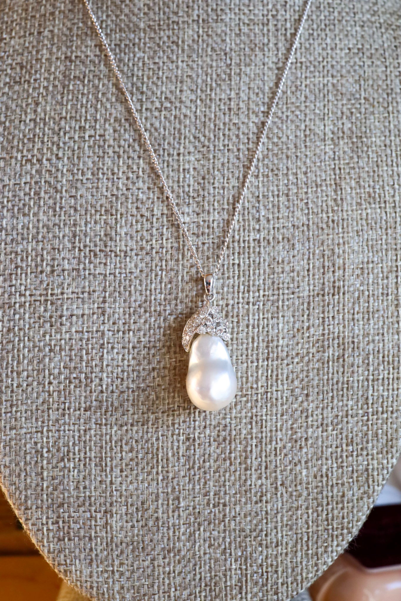 A Vintage 18K White Gold South Sea Pearl and Diamond Pendant