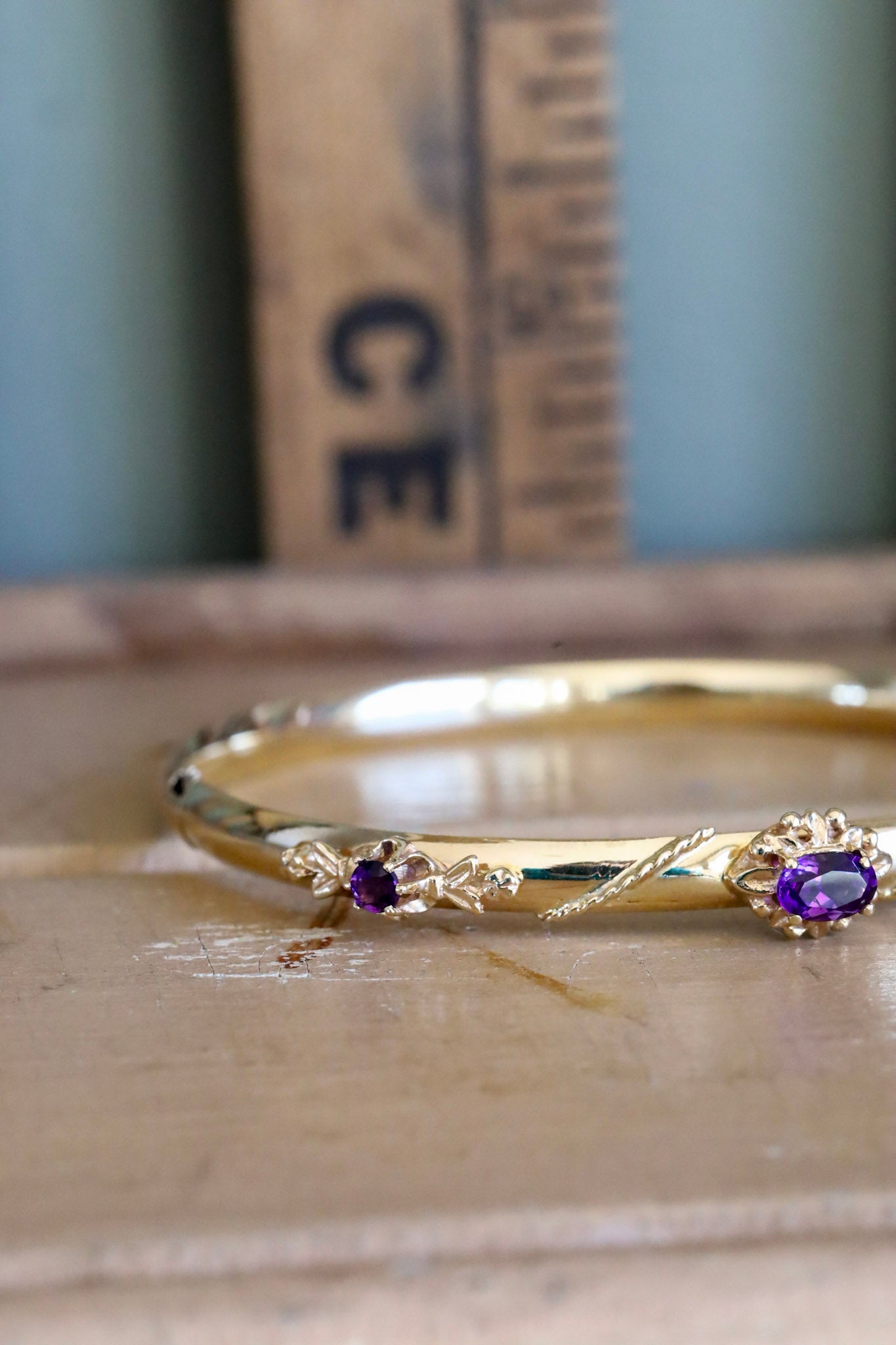 14K Yellow Gold Victorian Revival Amethyst Bracelet Bangle