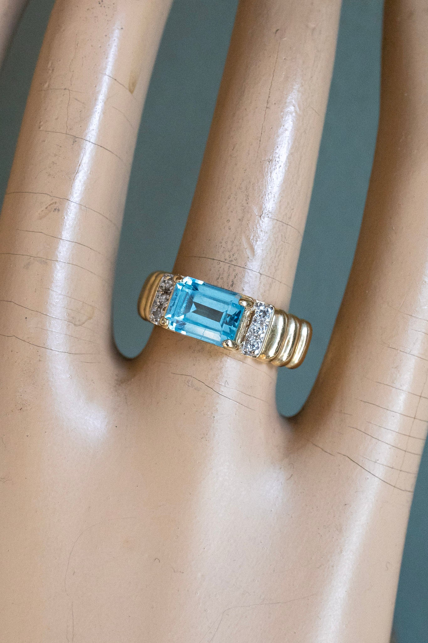 Vintage 14K Yellow Gold Emerald Cut Blue Topaz and Diamond Ring